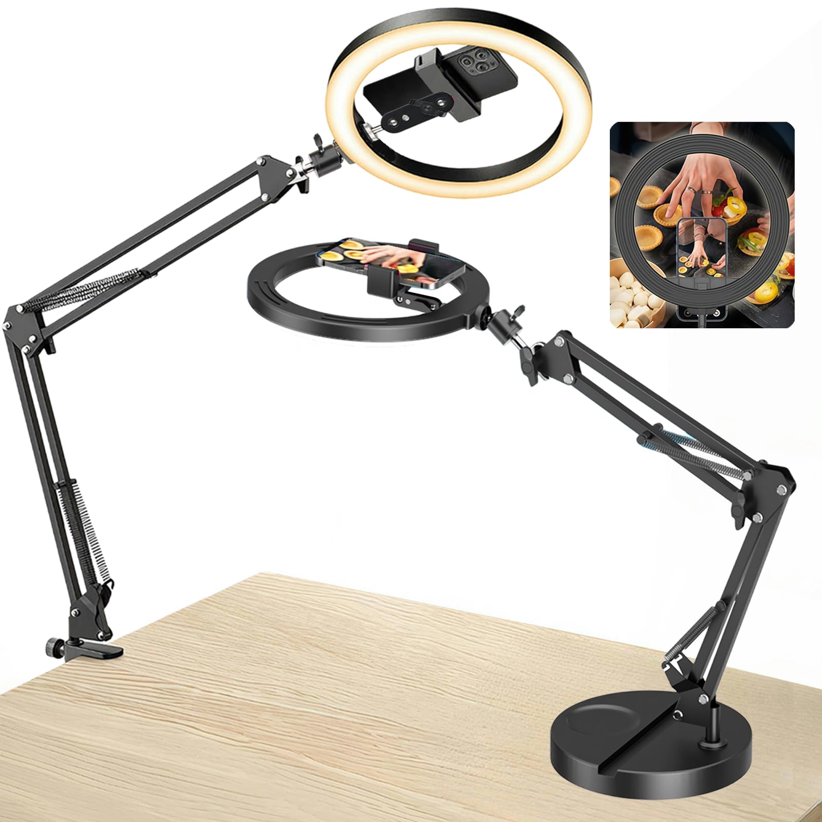 10'' Ring Light con Supporto per Telefono Con Due Basi, Luce ad Anello con Regolabile Supporto Cellulare, Ring Light professionale Dimmerabile per Video/TikTok/YouTube(Senza Telecomando)