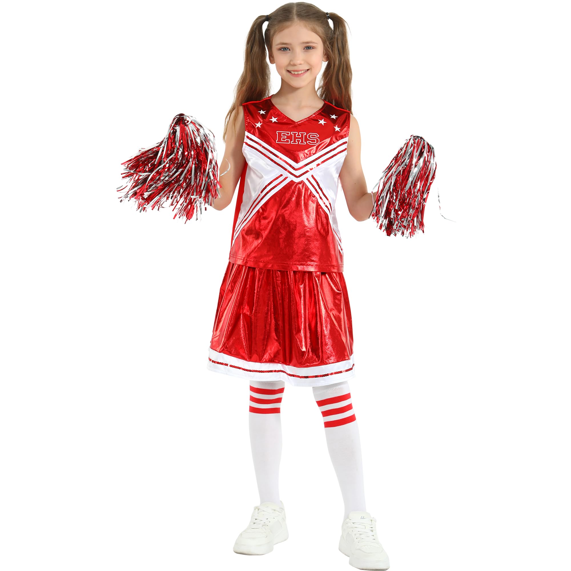 Wizland Girls Cheerleader Outfit with Pom Poms and Socks,Kids High School Musical Cheerleading Costume Fancy Dress for Halloween Carnival 4-6 yrs(Red) — image 1