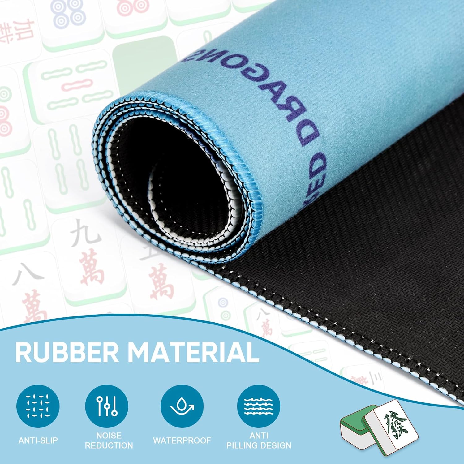 Condition photo showing New/Like New for Mahjong Mat for Table 31.5 x 31.5 Inches Light Blue Premium Non Slip Tech Cloth Table Protector with Carry Bag and Black Gold Playing Cards for Mahjong Poker and Board Games