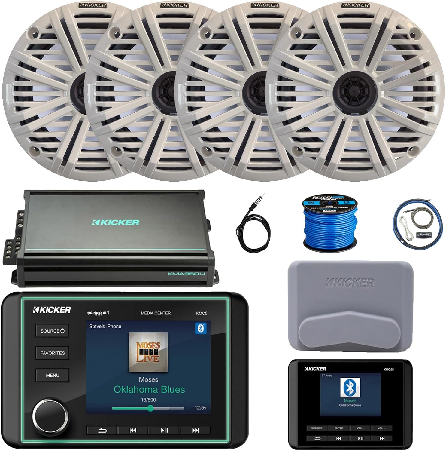 Kicker KMC5 3.5" LCD Display Marine Bluetooth USB/AUX WB AM/FM Gauge Style Receiver W/Digital Controller, 4X 6.5 195W Max 4 Ohm Speakers W/White Grilles, 4-Channel Amplifier W/Kit, Antenna, Wire