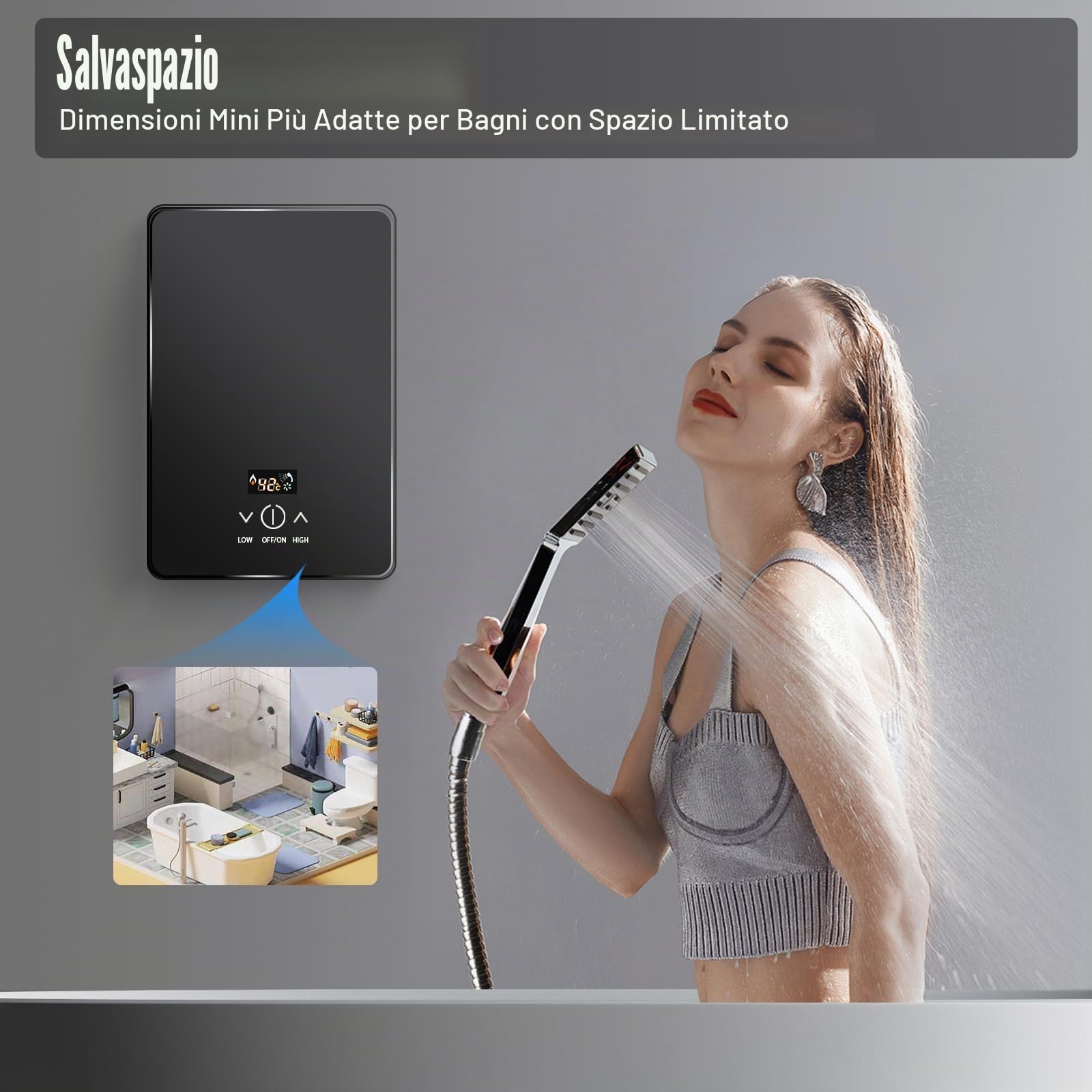 Scaldabagno elettrico digitale acqua calda senza serbatoio Kit doccia 30-55°C, 6500W, display LED, funzionamento touch, protezione interruzioni corrente