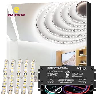 EMITEVER LED Strip Lights White, 5000K 24V LED Tape Light UL Listed, Ra 95+, IP30, 16.4ft, 2.9W/ft, 240+Lumens/ft, 600LEDS/Spool+60W Dimming Led Driver