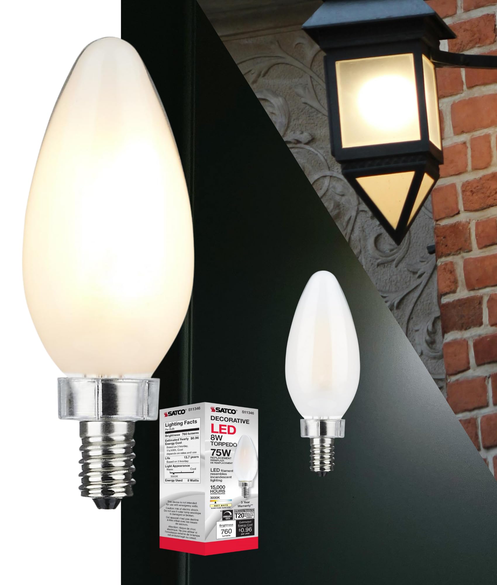 Satco 8W LED C11 Candle Light Bulb 3000K Soft White 760 Lumens