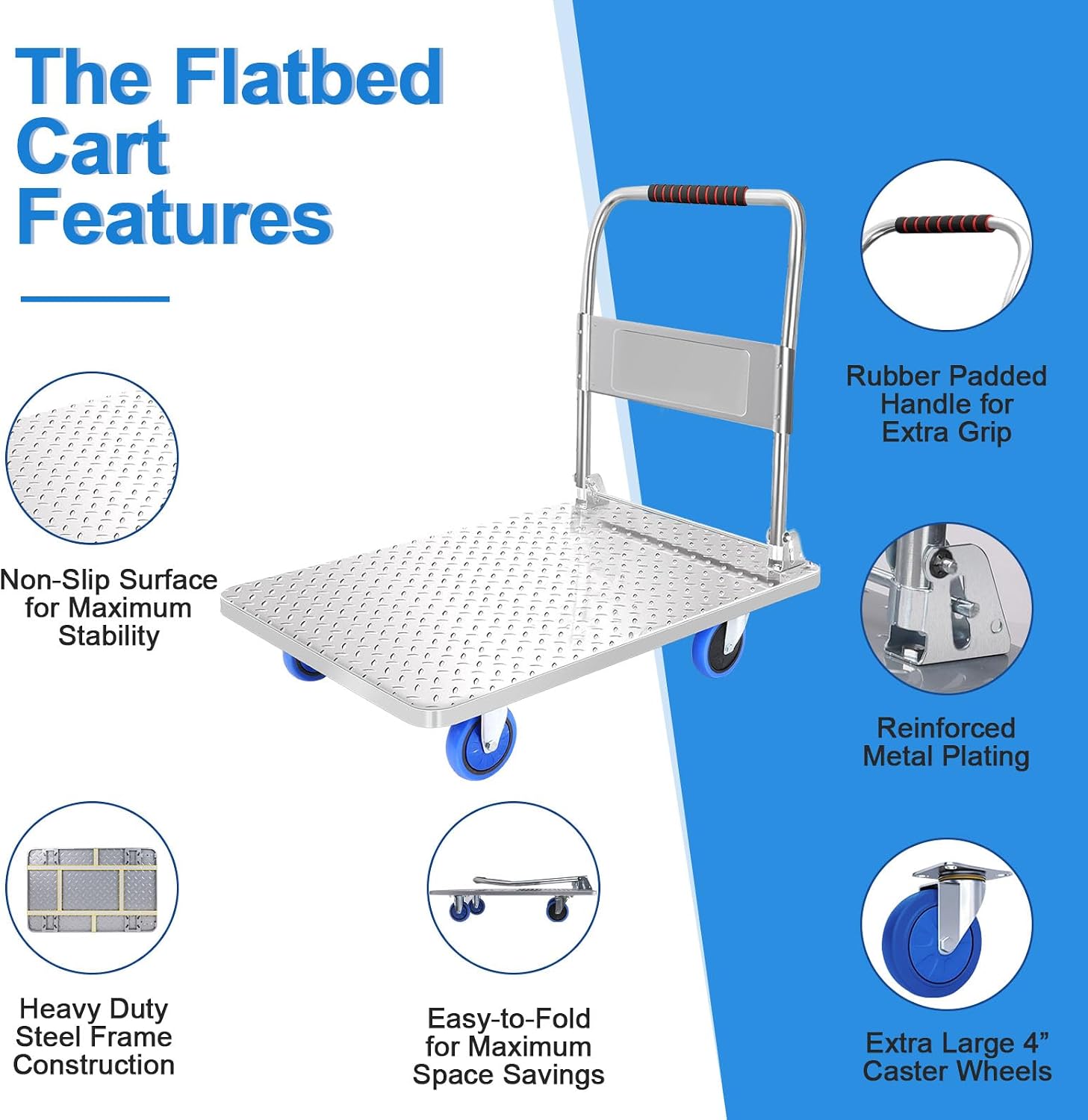 Folding Dolly Cart with Wheels Collapsible - 2000lbs Alloy Steel Portable Foldable Moving Push Utility Flat Hand Trucks, Heavy Duty Trolley Dolley with 360 Degree Swivel Wheels