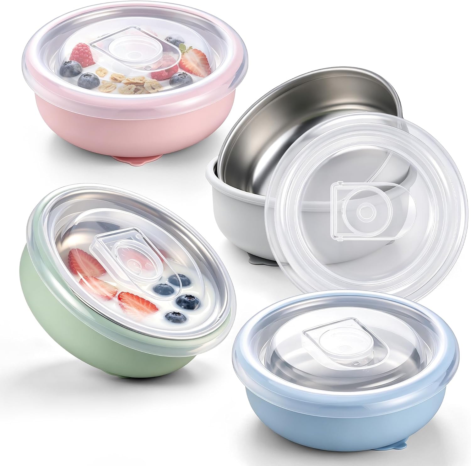 LIANYU 4 Pack Baby Bowls with Suction & Lids, Stainless Steel Kids Bowls