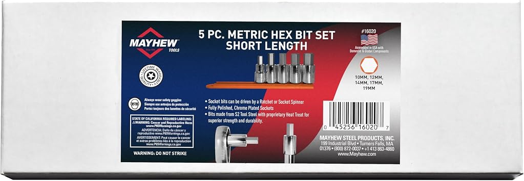Mayhew Tools 16020 Metric Hex Socket Bit Set, Chrome Plated, 5-Piece