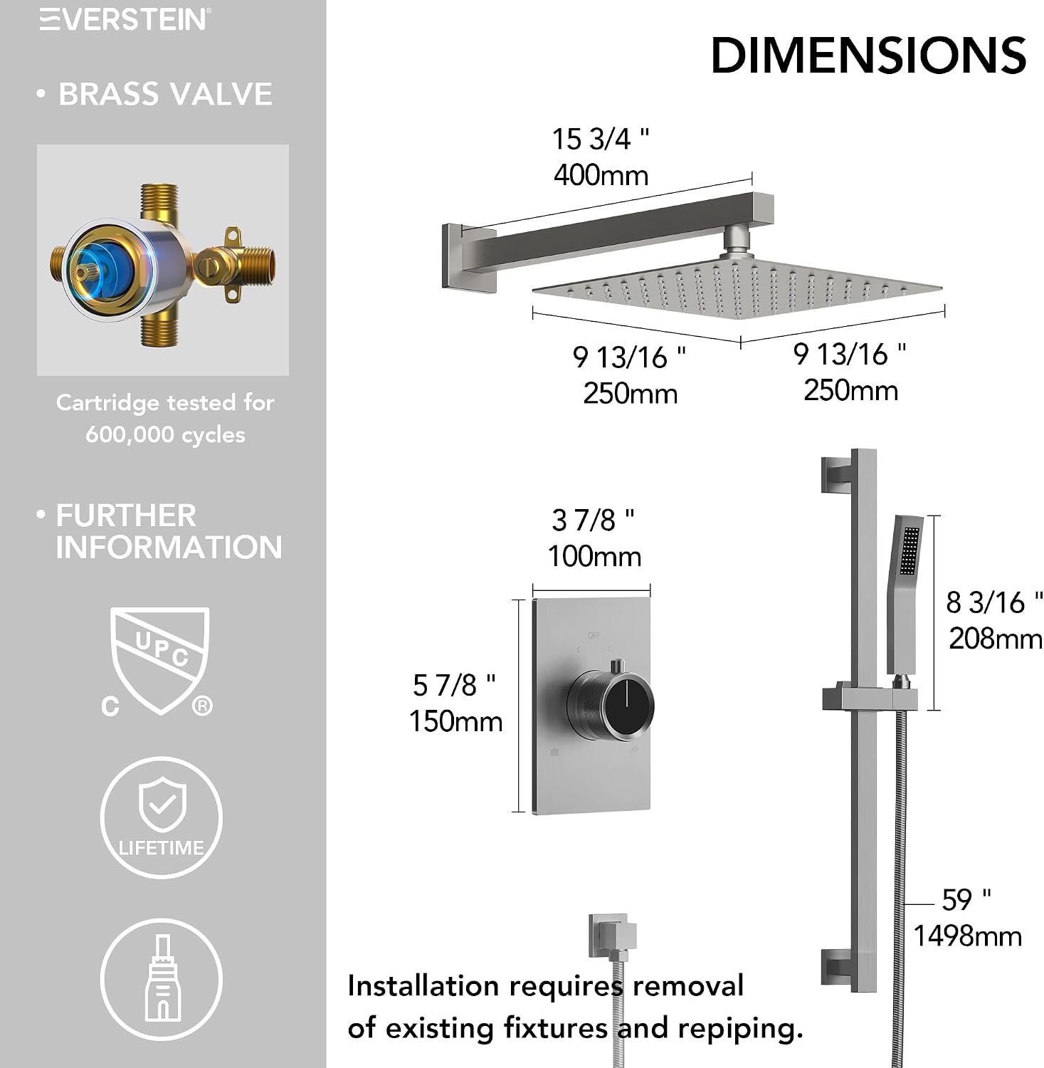 10" High-Pressure Rainfall Shower System with Slide Bar Handheld, Wall Mount Bathroom Shower Faucet Set with Valve (Brushed Nickel)