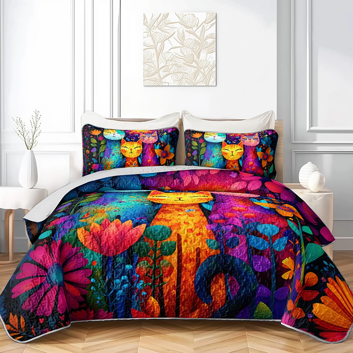 HOSIMA Cat Quilt Bedding Set Queen Size,Colorful Cats Flowers Printed Cute Bedding for Kids Adults Room Decor,Animal Themed Bohemian Style Floral Quilt with 2 Pillowcases for All Seasons.