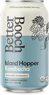 Better Booch Organic Kombucha - Probiotic & Antioxidant Rich Raw Sparkling Tea - Low Sugar, Vegan, Gluten Free - Gut Healthy Active Cultures, 12 Fl Oz Cans, 12-Pack (Island Hopper)