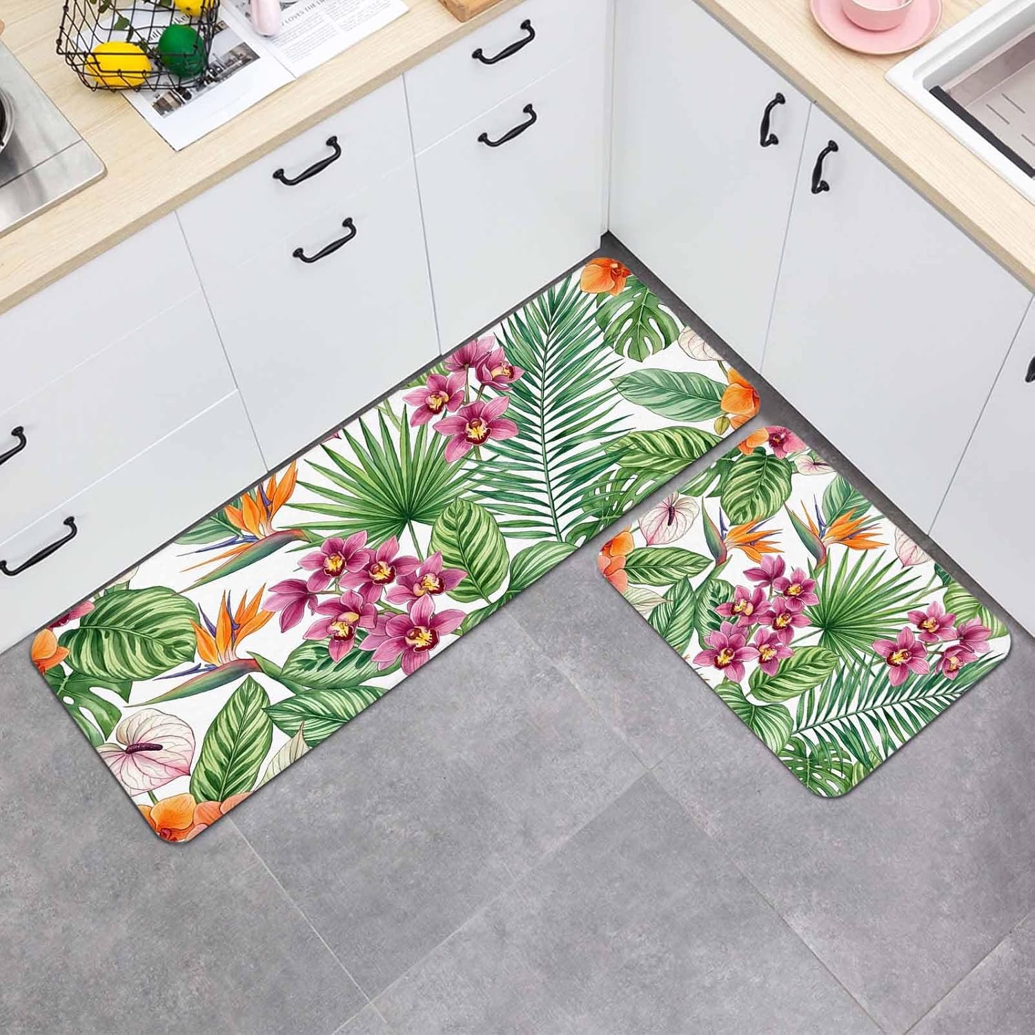 Prime Leader Flower Leaf Kitchen Mat Set 2 Pieces Summer Tropical Pink Orange Floral Green Leaf Non Slip Kitchen Rugs Washable Runner Rug Mats for Floor Sink Laundry Office 19.7" x 31.5"+19.7" x 63"