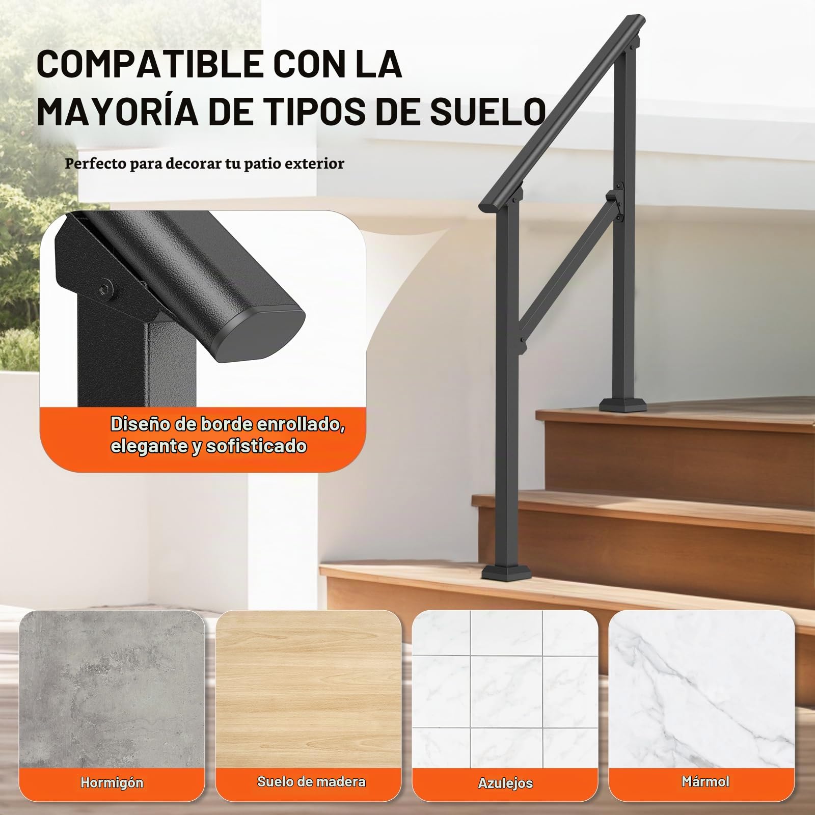 VEVOR Barandilla de Escalera para Pasamanos de Escalera de 2-3 Escalones con Kit de Instalación Tubo Cuadrado de Acero al Carbono para Personas Mayores, Escalones de Concreto, Porche, Patio, Negro