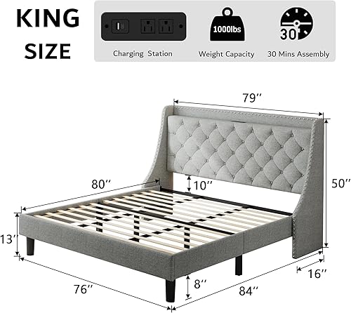 Miniatura 2 de iPormis Base de cama King con respaldo alado cómodo de 16" y estación de carga, cama de plataforma tapizada con cabecera de almacenamiento con