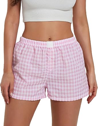 Y2K Boxer Shorts Women Plaid Striped Print Gingham Lounge Pajama Low Elastic Waist Sleeping Micro Short Pj Pants