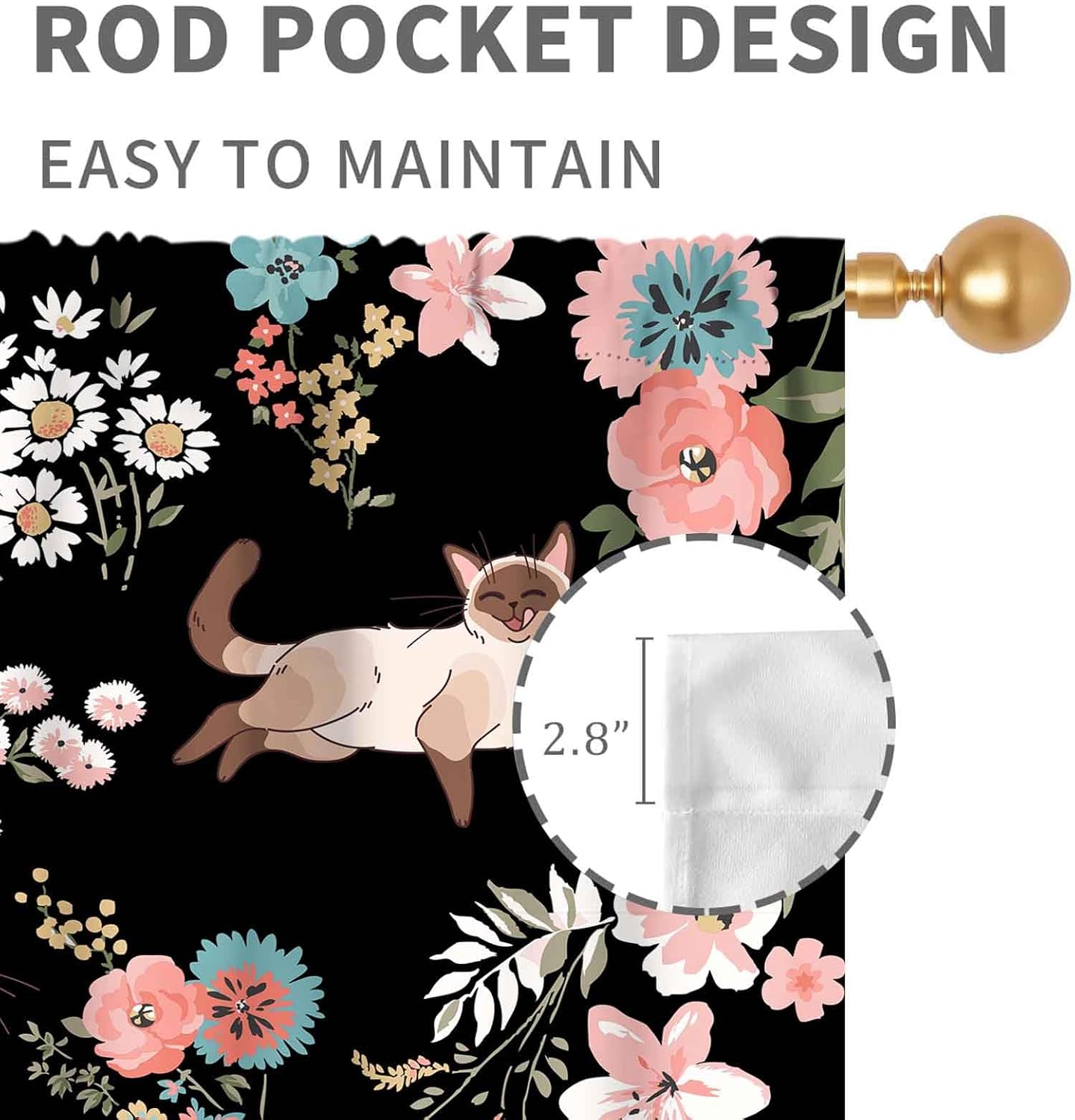 Cat Curtains Cute Blackout Curtains for Bedroom, Watercolor Black Floral Plants Lovely Kawaii Cat Aesthetic Window Drapery Treatments for Living Room Kitchen Bathroom 2 Panels Set, 55"x63" Inch