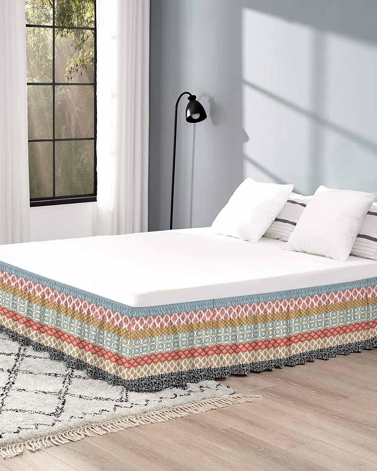 Boho Bed Skirt Queen Size 16 Inch Drop, Adjustable Elastic Bedskirt Dust Ruffle for Queen Bed, Colorful Striped Ethnic Modern Geometric Abstract Art Wrap Around Bed Skirts Pleated Bed Frame Cover