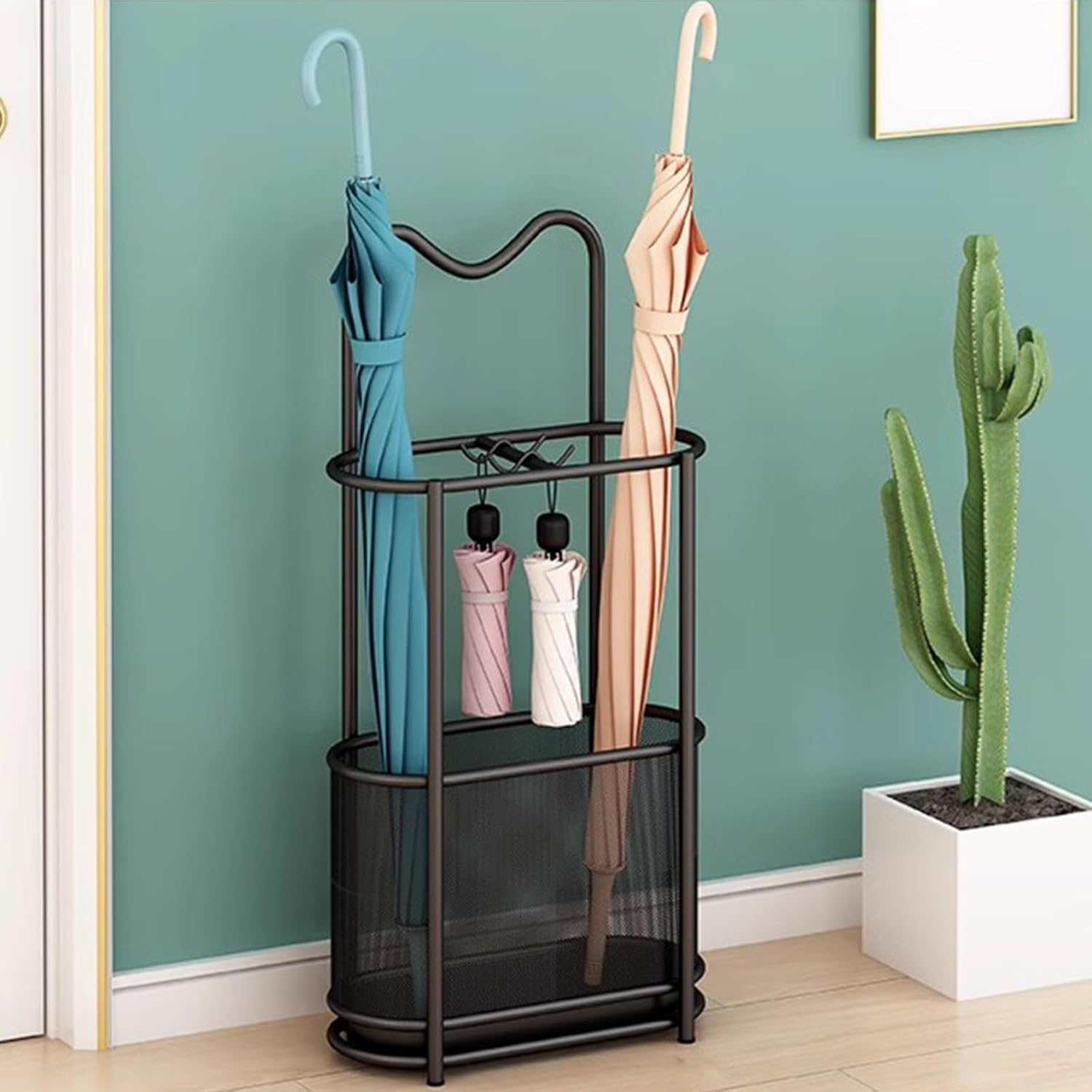 Umbrella Storage Basket with Large Capacity for Long and Short Umbrellas Indoor Umbrella Stand Holder with Arc Drip Tray and Wrought Iron Frame Ideal for Entryway Black
