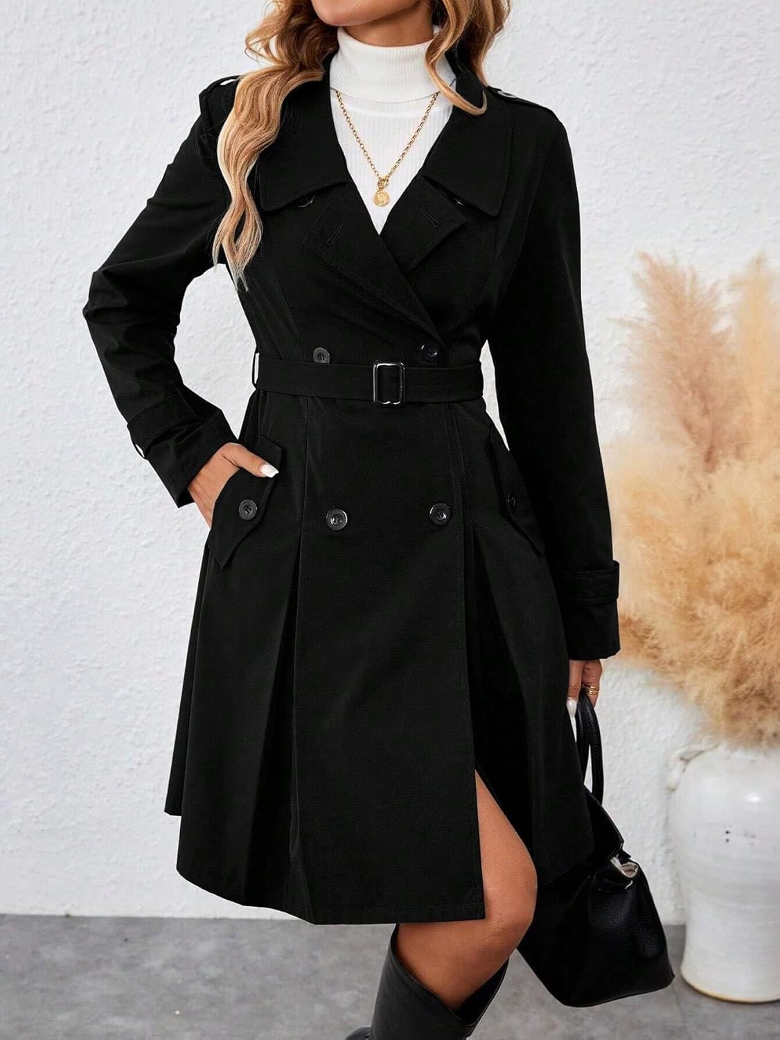 Womens Fashion Trench Outwear Mid-Length Collar Buckle Waist Trench Coat Jacket Coat
