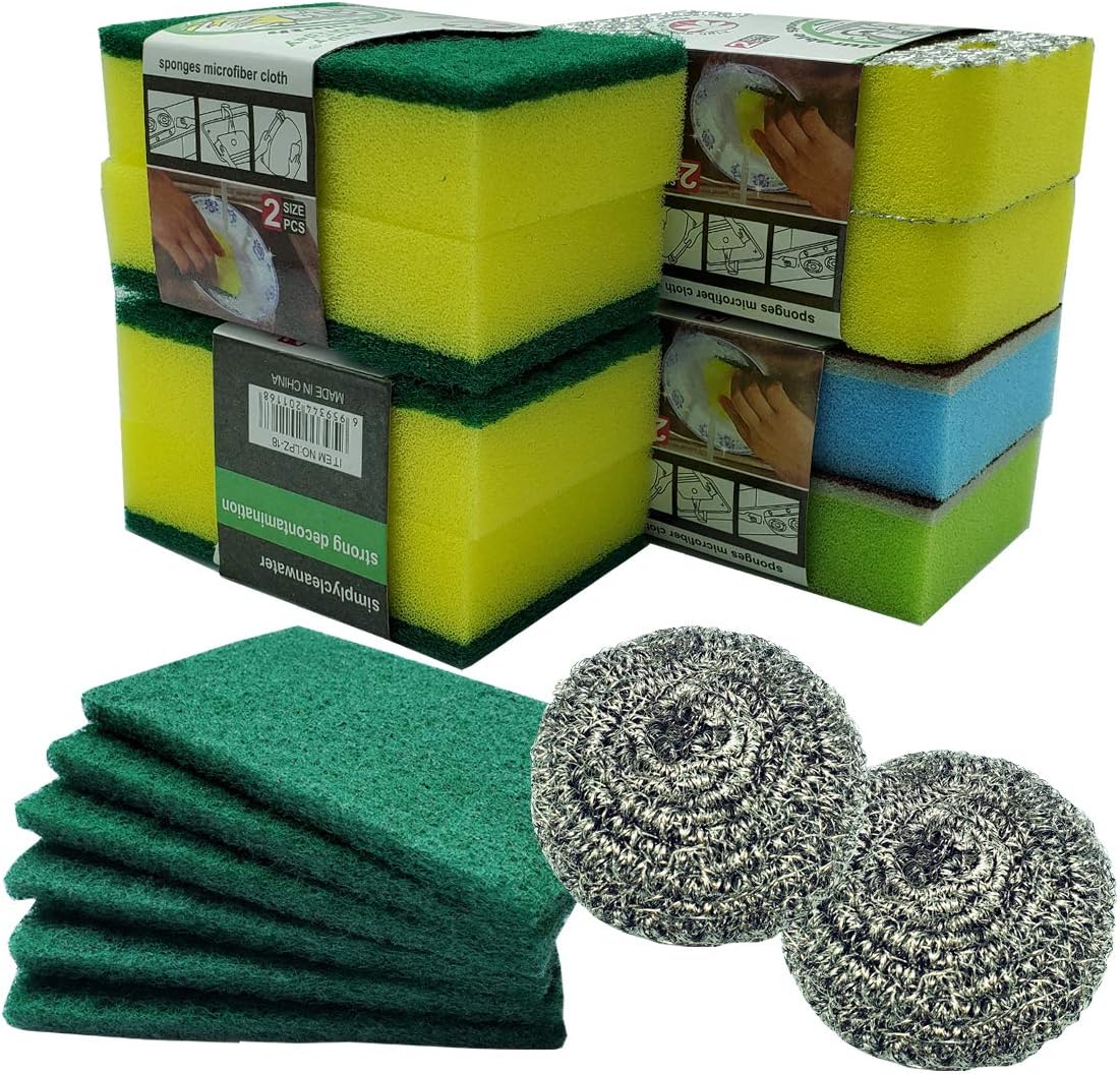 Cheapest 🛒 Himeeu 16 Pack Heavy Duty Household Cleaning Scrubber,Stainless Steel Sponges,Non-Scratch Scrubbing Sponges for Kitchen, Dishes, Bathroom,BBQ Shelf, Garage Cleaning