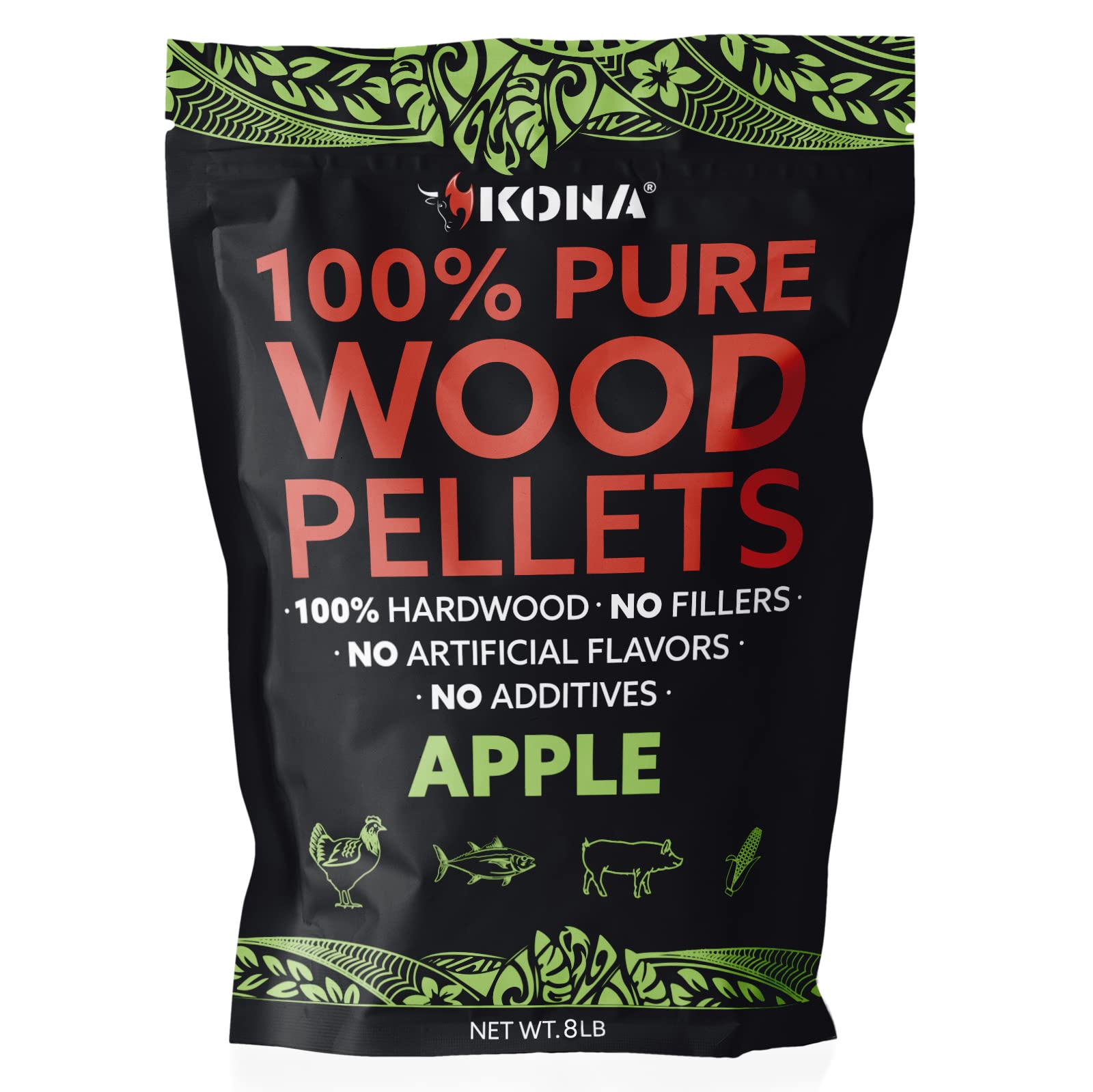 Kona 100% Apple Wood Pellets - Concentrated, Pure, Old Growth Hardwood Grilling Pellets - for BBQ, Smoker Tubes, Grills - 8 lbs 100% Apple