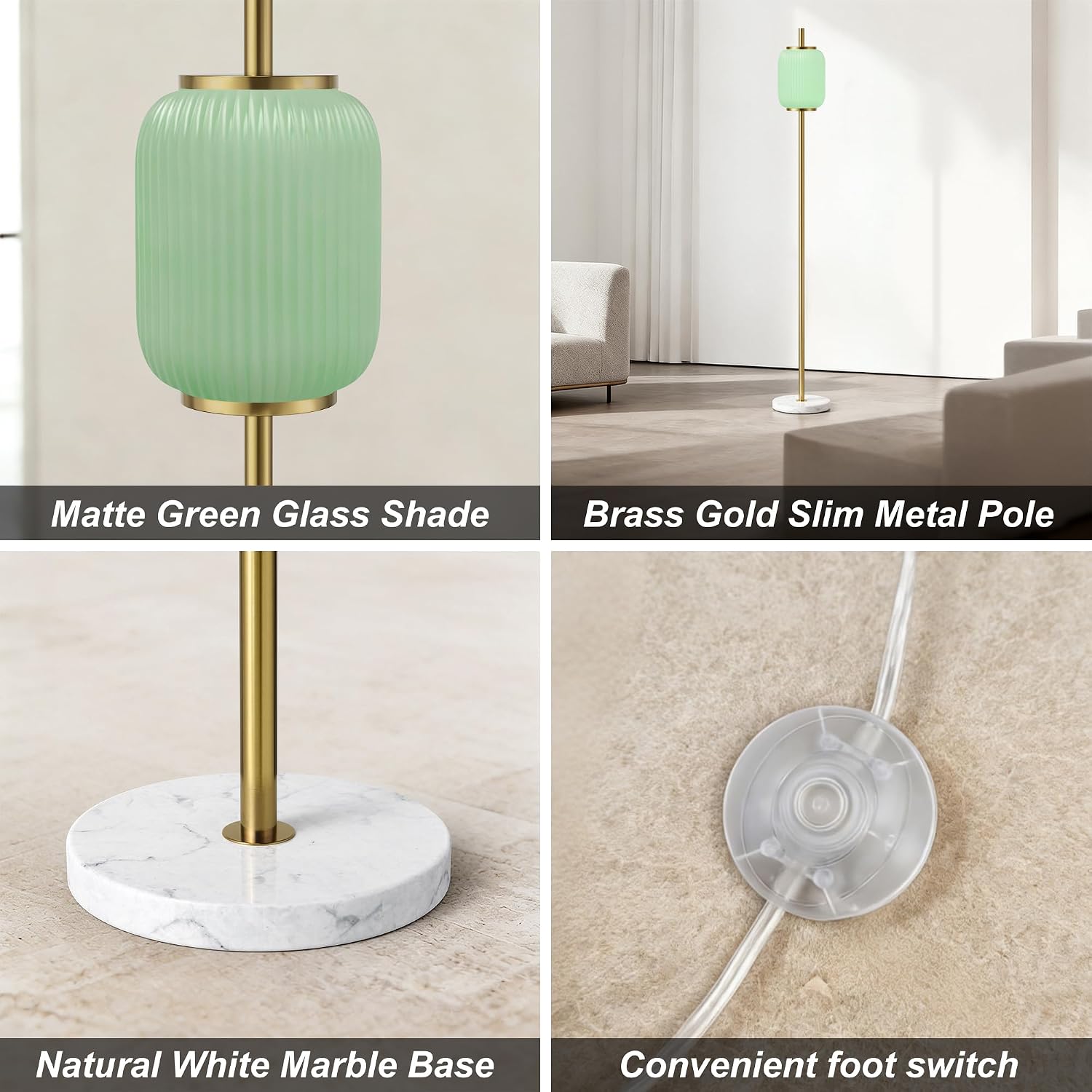 Maxax 64" Glass Floor Lamp for Living Room, Minimalist Brushed Gold Standing Lamp with Green Stripe Glass Shade & White Marble Base, Mid-Century Tall Pole Light for Bedroom Home Office Decor