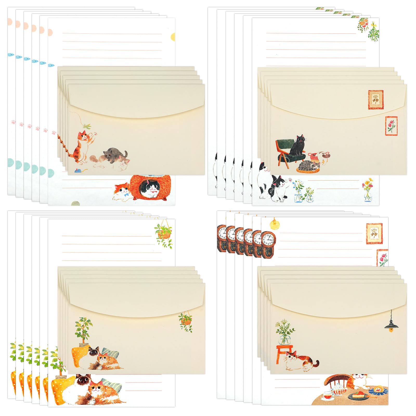 Writing Paper and Envelopes Set, 36pcs Vintage Fresh Cute Cat Letter Stationery Set, Letter Writing Paper for Invitations, Decorations Holiday Party, 24 Lined Stationery Cards with 12 Envelops