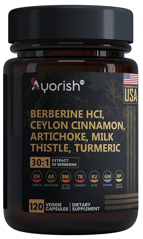 Ayorish Suplemento Fitoterápico de Berberina com Canela-do-Ceilão, Cardo-Mariano e Cúrcuma 250 mg 120 cápsulas