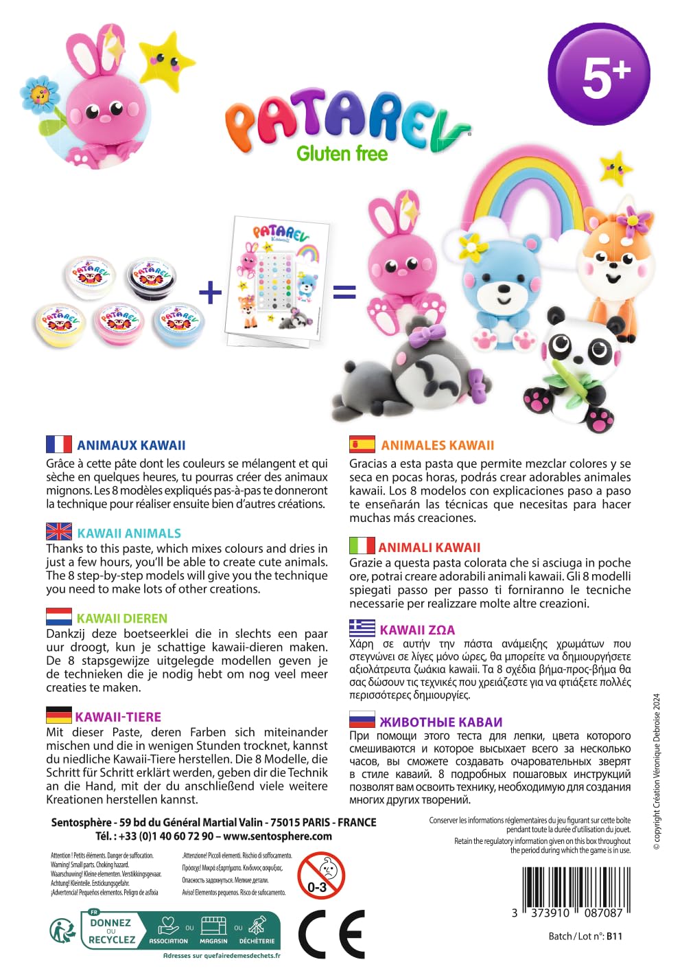 Sentosphère – Patarev Kawaii : Blister De 5 Pots De Pâte à Modeler Autodurcissante – Créez Panda, Ours, Lapin, Koala, Renard – Sèche à L'air – Dès 6 Ans – Assemblé En France !