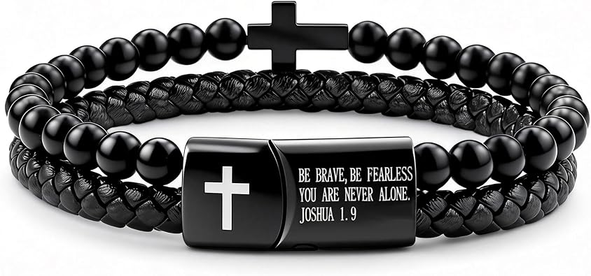 Mens Bracelet Christian Cross Braided Leather