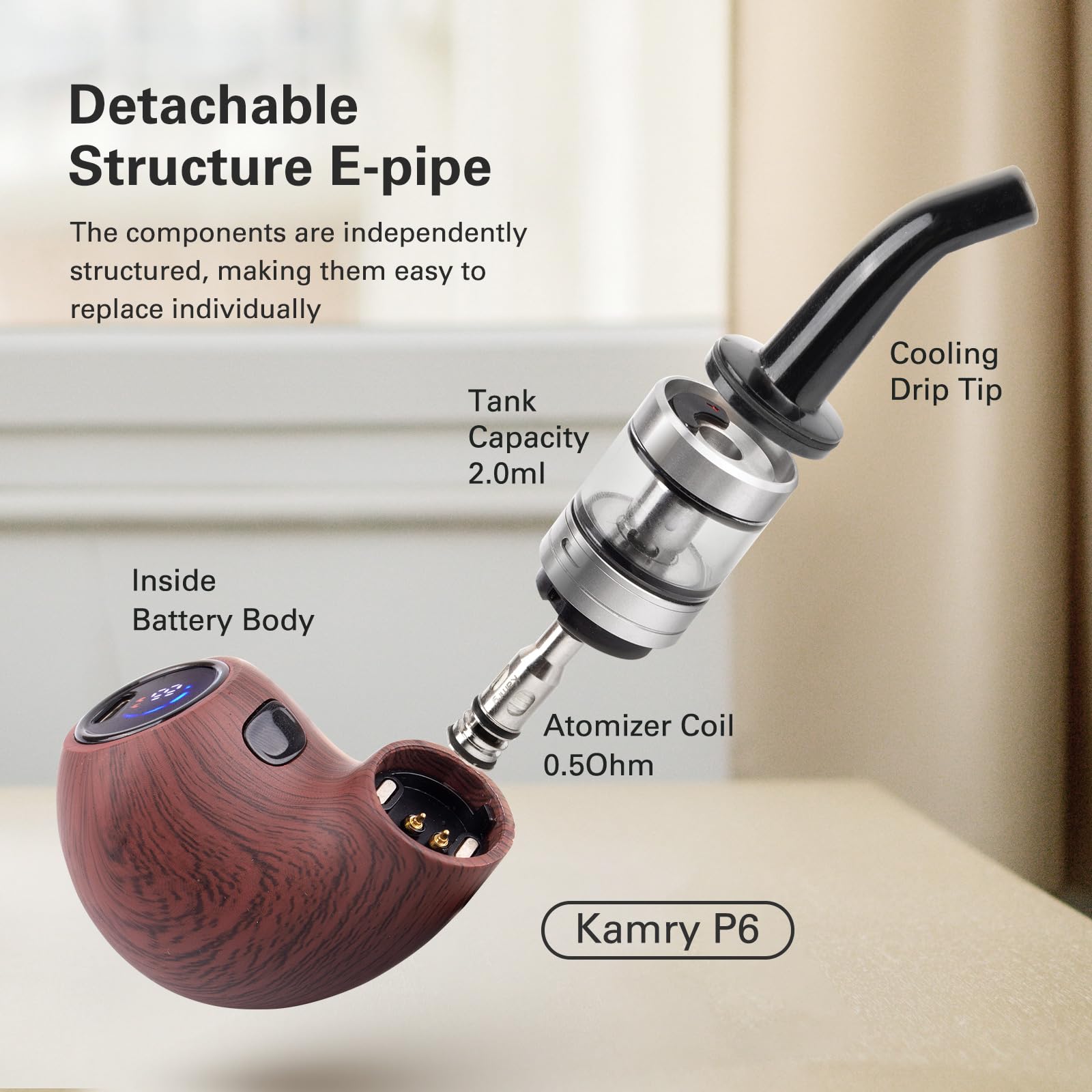 Kamry P6 Elektronische Shisha-Pfeife, E-Zigarette mit großem Dampfvolumen, Leistung einstellbar, mit 2-ml-Zerstäuber, leer, ohne Nikotin, keine Nachfüllungen