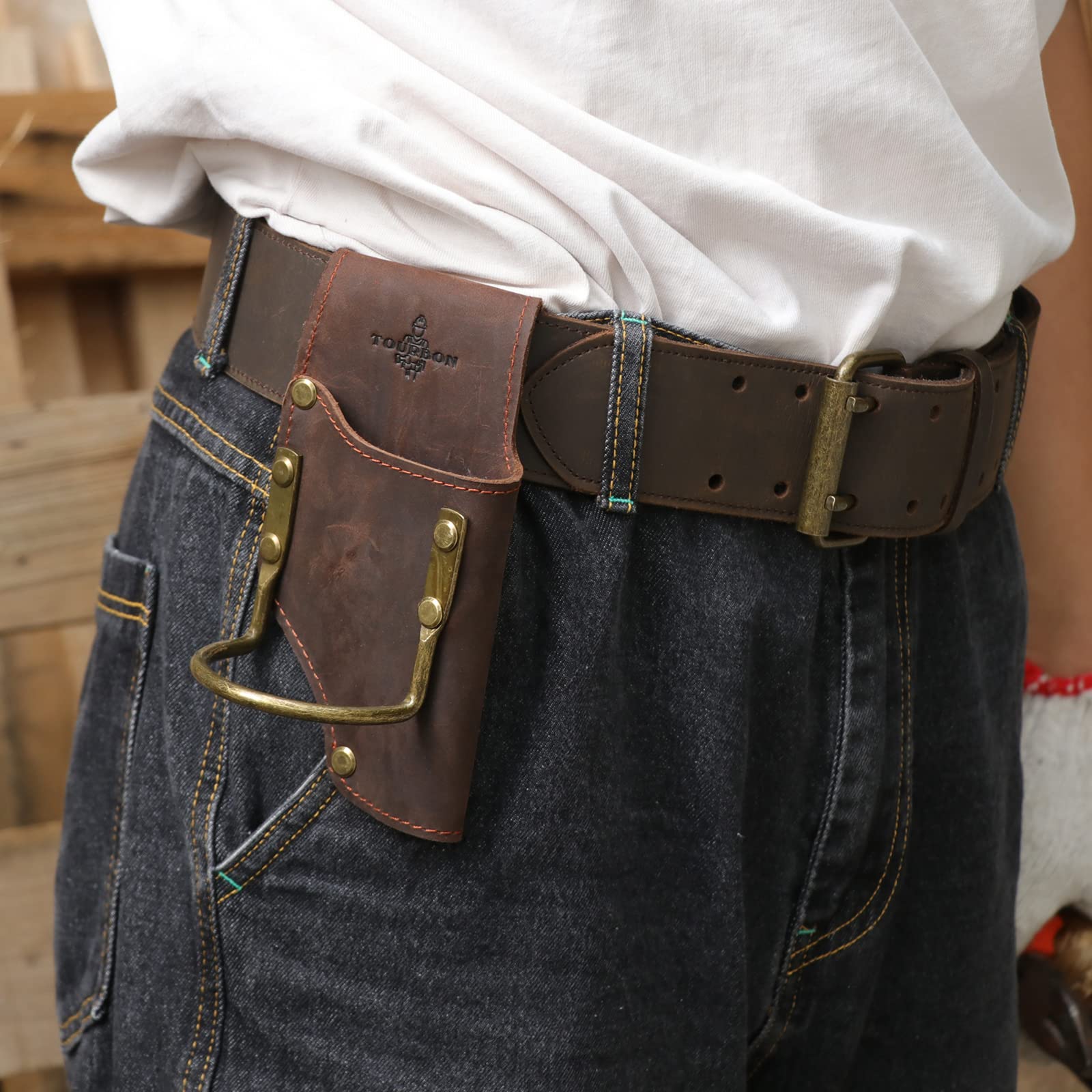 TOURBON Cinturón de herramientas de soporte de alicates, martillo Holster Loop (cuero - marrón oscuro)