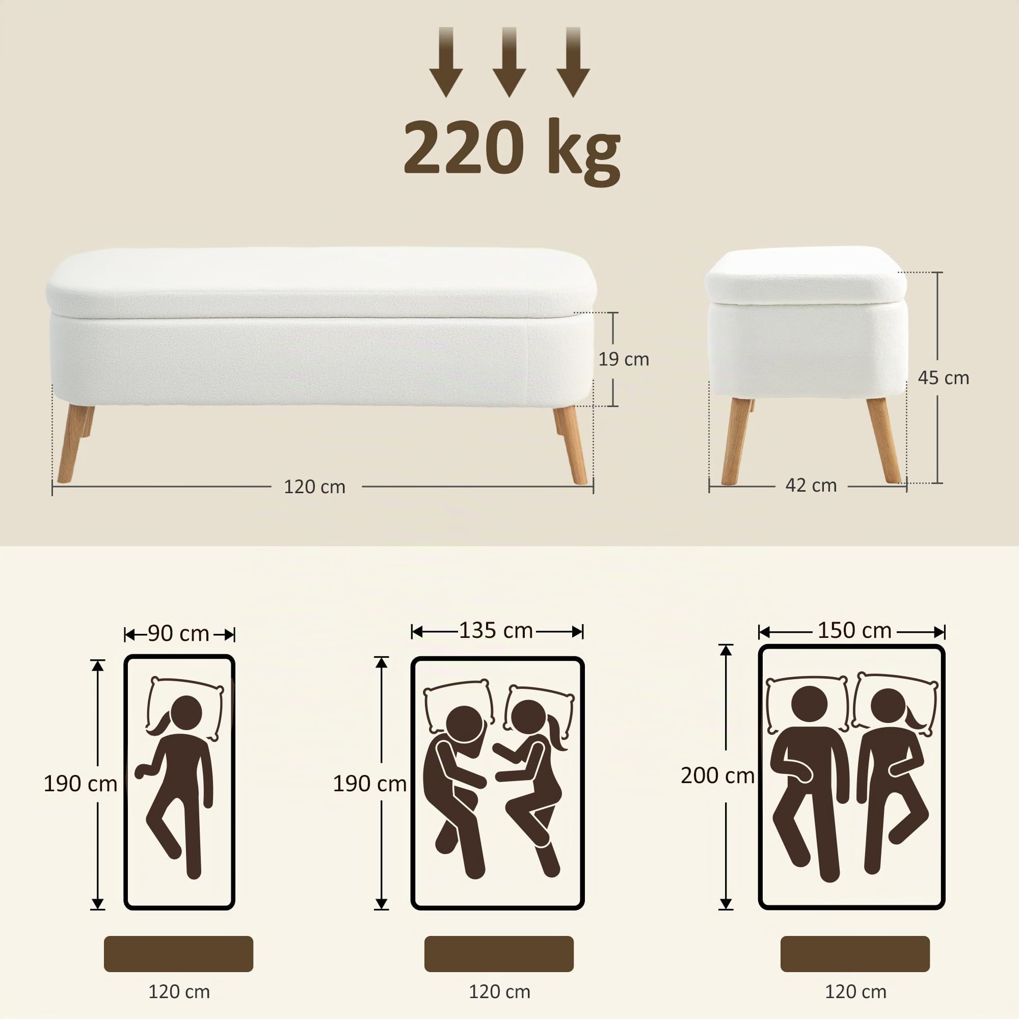 HOMCOM Banco con cojín almacén, Patas Madera, 120x42x45, Blanco Crema | Aspecto vellón teddy, banco con almacén, banco cama, para sala, dormitorio, pasillo.