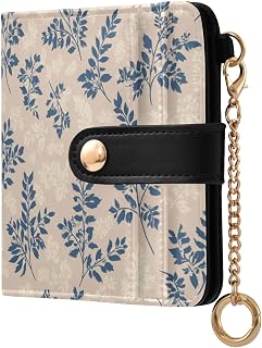 Söt hopfällbar plånbok för damer bekväm retro blå löv beige premium PU-läder plånbok för män kvinnor resor