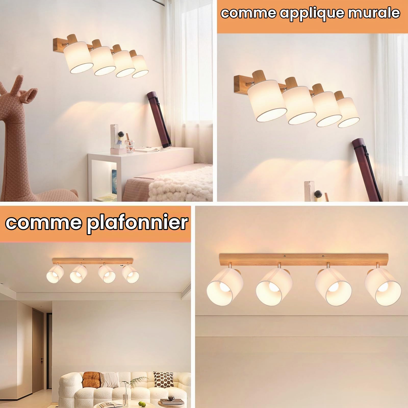 Glitzerlife Spot de Plafond 4 Spots Plafonnier Bois Vintage E14