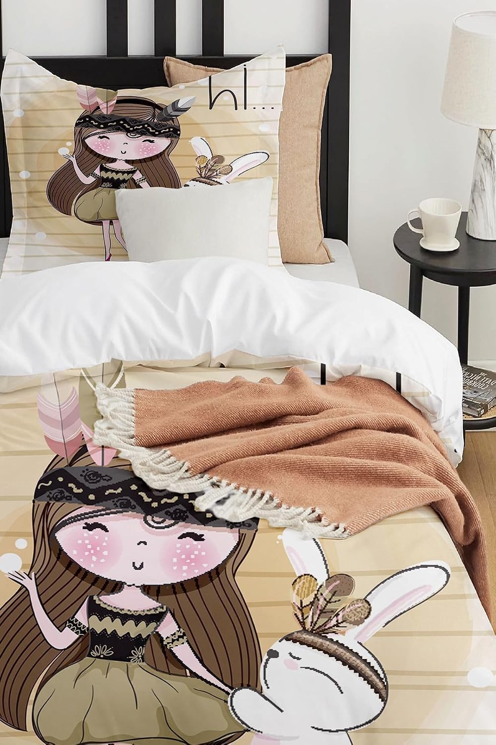 SODEF Duvet Cover Set Single Size Rabbit Girl Design Orange Cotton Sateen Fade Resistant for Kids Decor, 1 Piece - DESEN-2, One Size