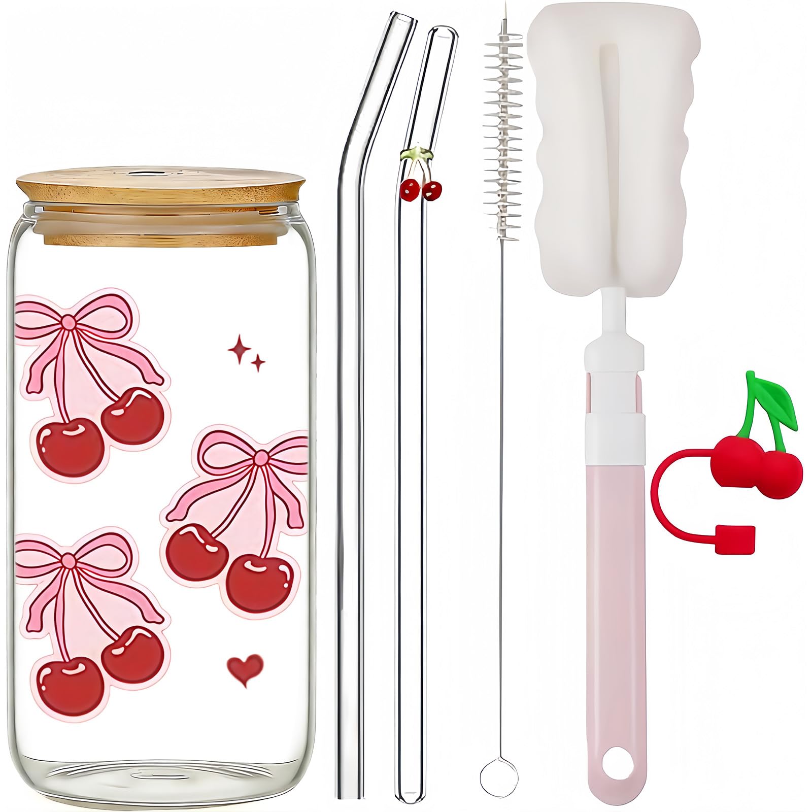 nuneoeuo 4PCS Glass Cups with Lids and Straws, Iced Coffee Cup Cute Pink Cherry Iced Coffee Glass Straws, Cup with Straw and Lid Gifts for Moms, Girlfriends, Teachers, Women