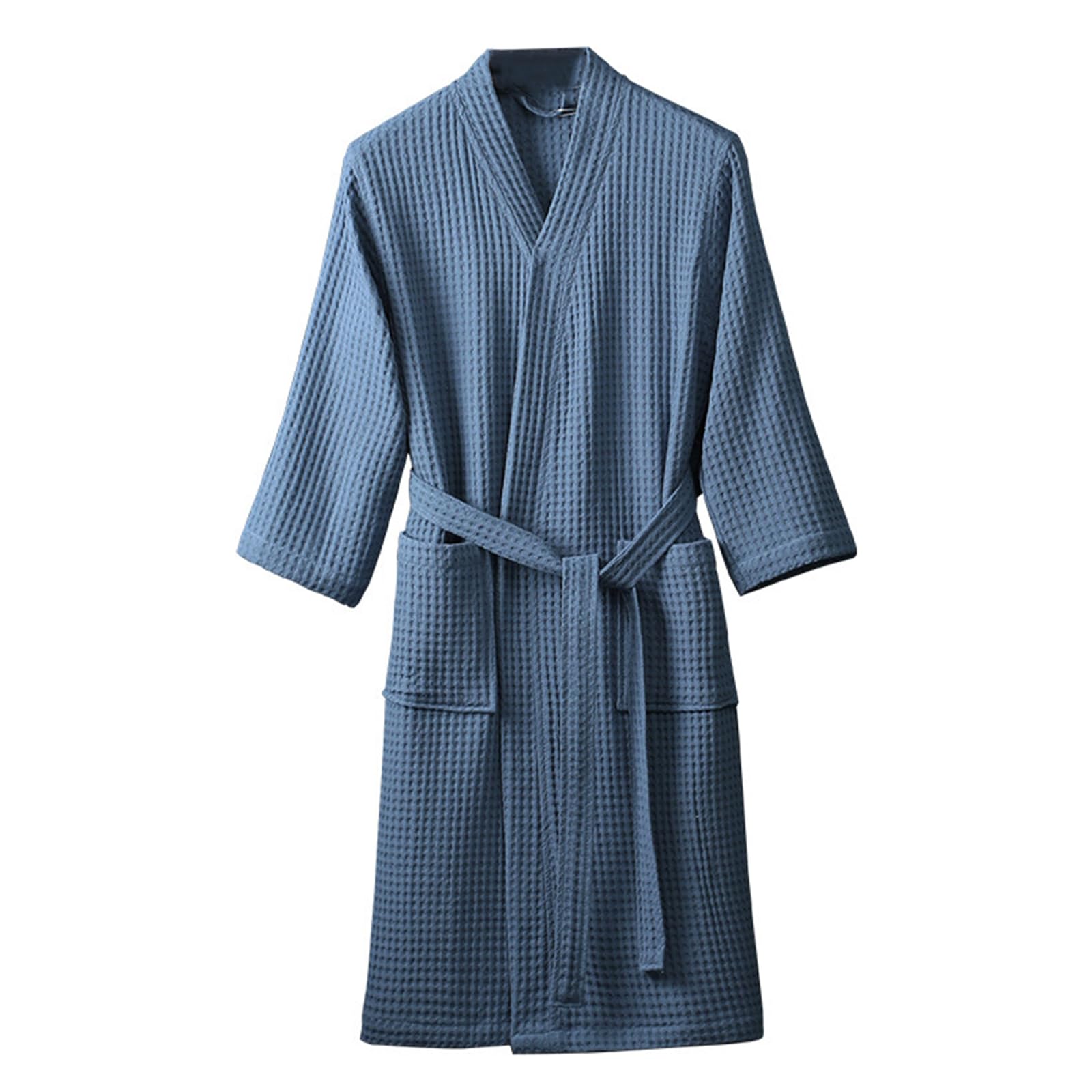 HGKPFGTG Men & Women Long Sleeve Kimono Bathrobe Lightweight Waffle Absorbent Spa Robe with Belt and Pockets,Blue,XL
