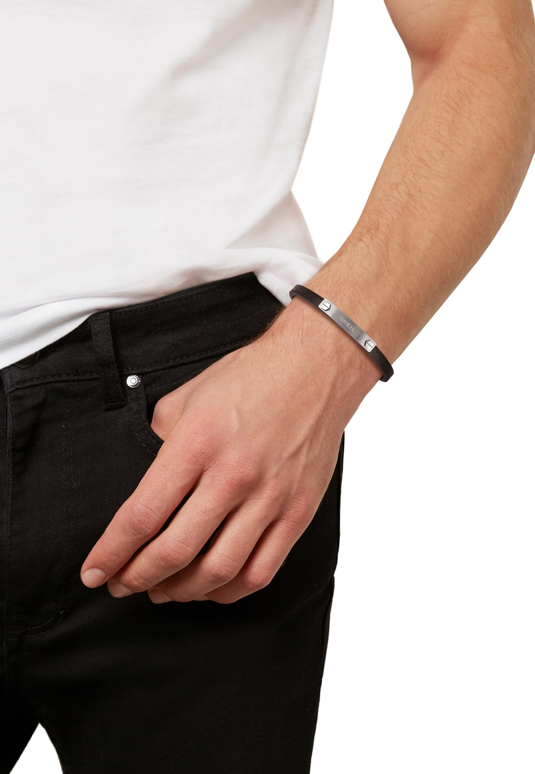 Breil, Collezione Bridge, Bracciale Uomo in Pelle e Acciaio Specchiato-Satinato, con Logo, Pratica Chiusura a Gioielleria, Idee Regalo Uomo, Lunghezza Regolabile 22.5 cm