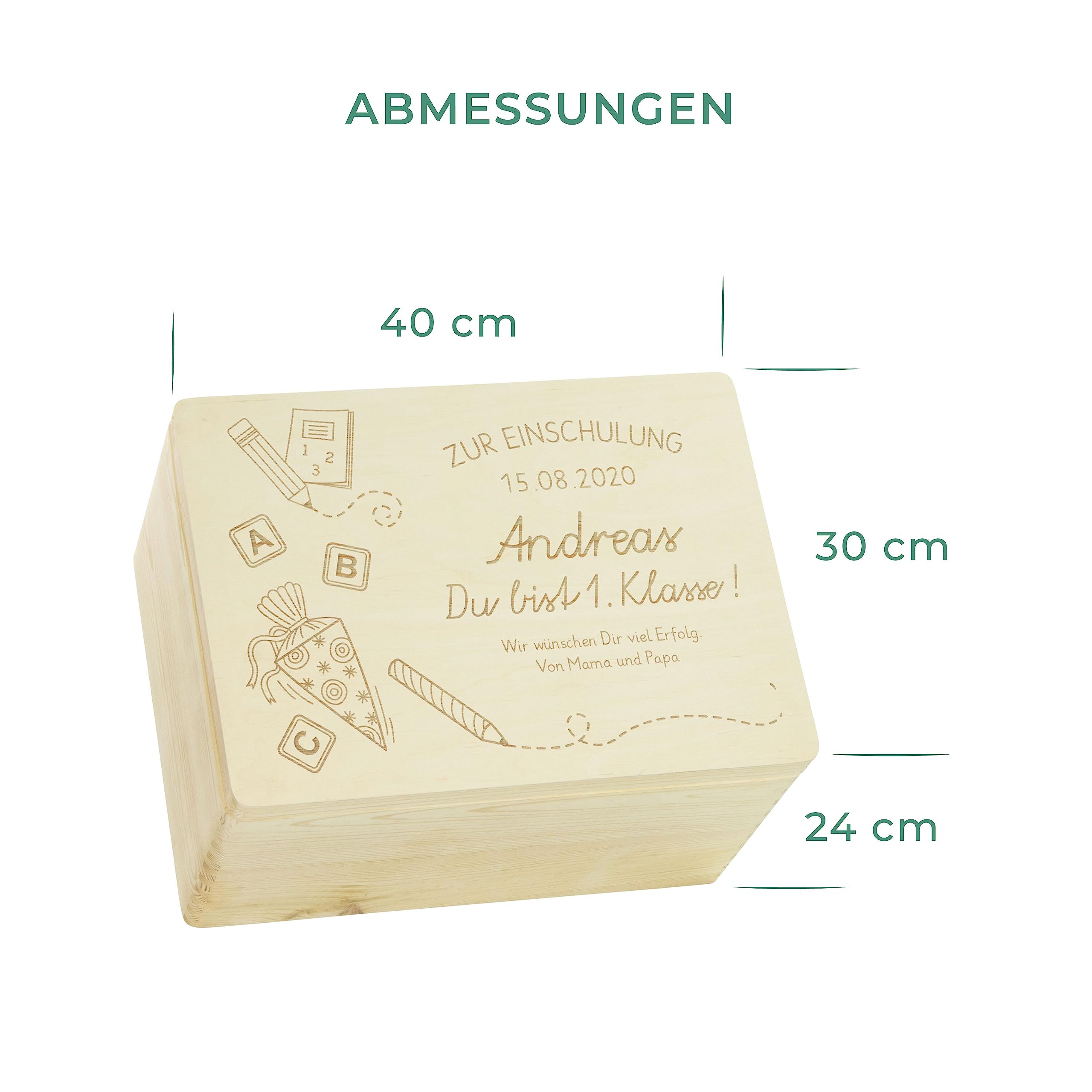 LAUBLUST Holzkiste mit Gravur - Personalisiert mit Datum | Name | WIDMUNG - Naturbelassen, Größe XL - Schultüte Motiv - Geschenkkiste zur Einschulung - FSC®