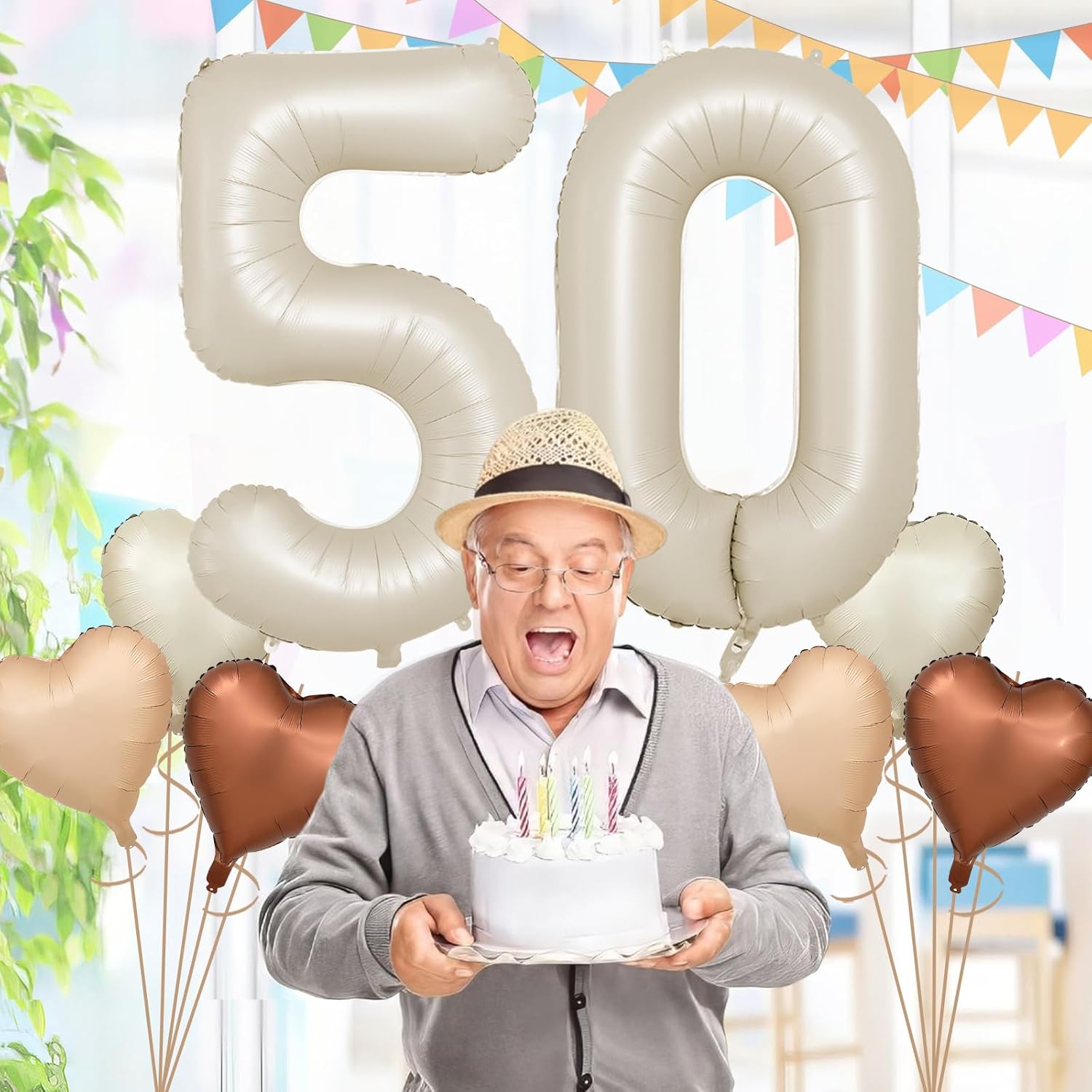 Biapian 40 Inch Cream Number 50 Balloons, 8PCS Large Foil Number 5 & 0 Balloons with 18'' Cream White Heart Balloon for 50th Year Old Birthday Decorations Men Women Wedding Anniversary Party Supplies - Image 5