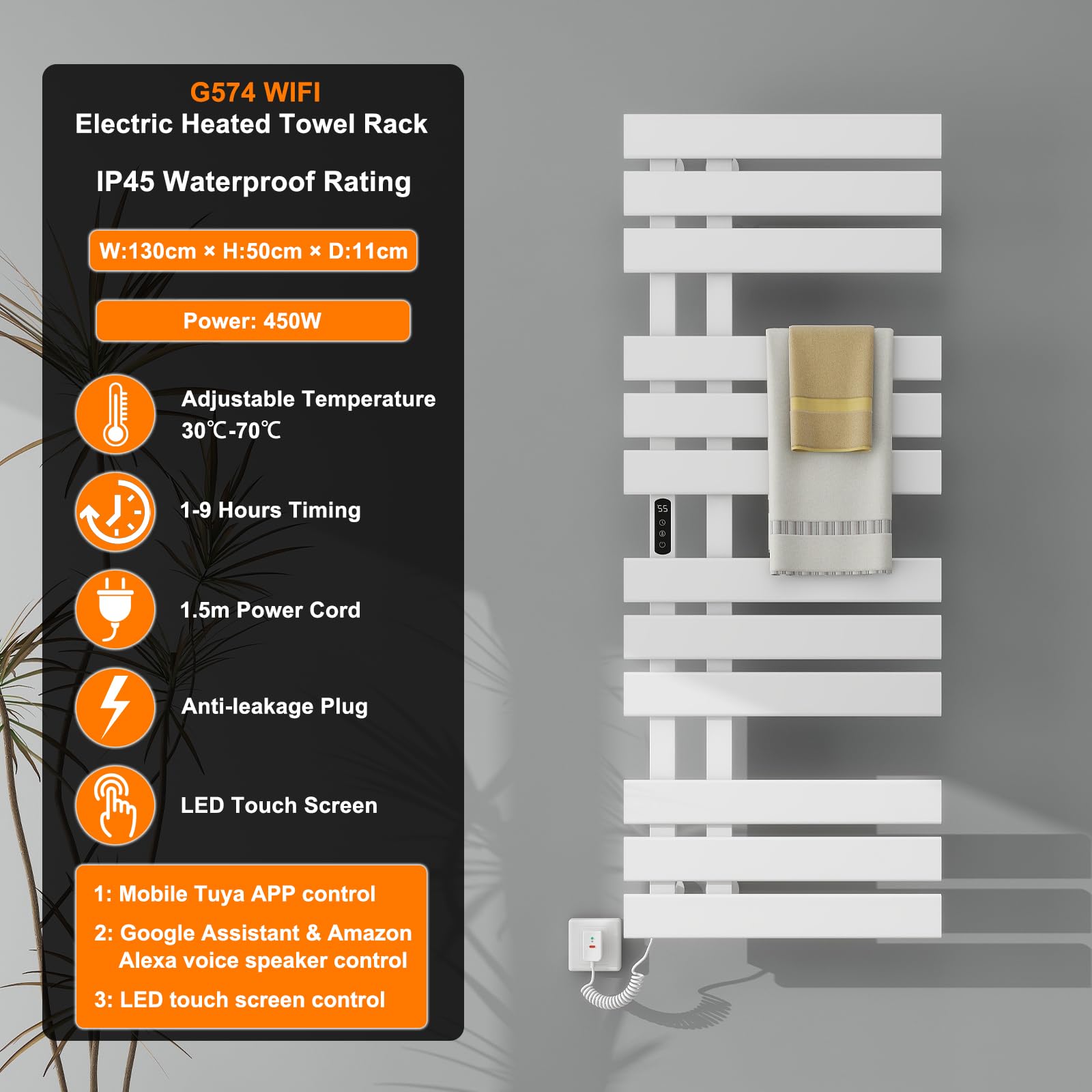 Toallero Baño Radiador, Toallero Electrico Baño Blanco WiFi, 500×1300mm, 450W, Calentador de toallas WiFi, para Alexa y Google Home y APP, Radiador Toallero Electrico, Ahorro energía-WiFi White Left