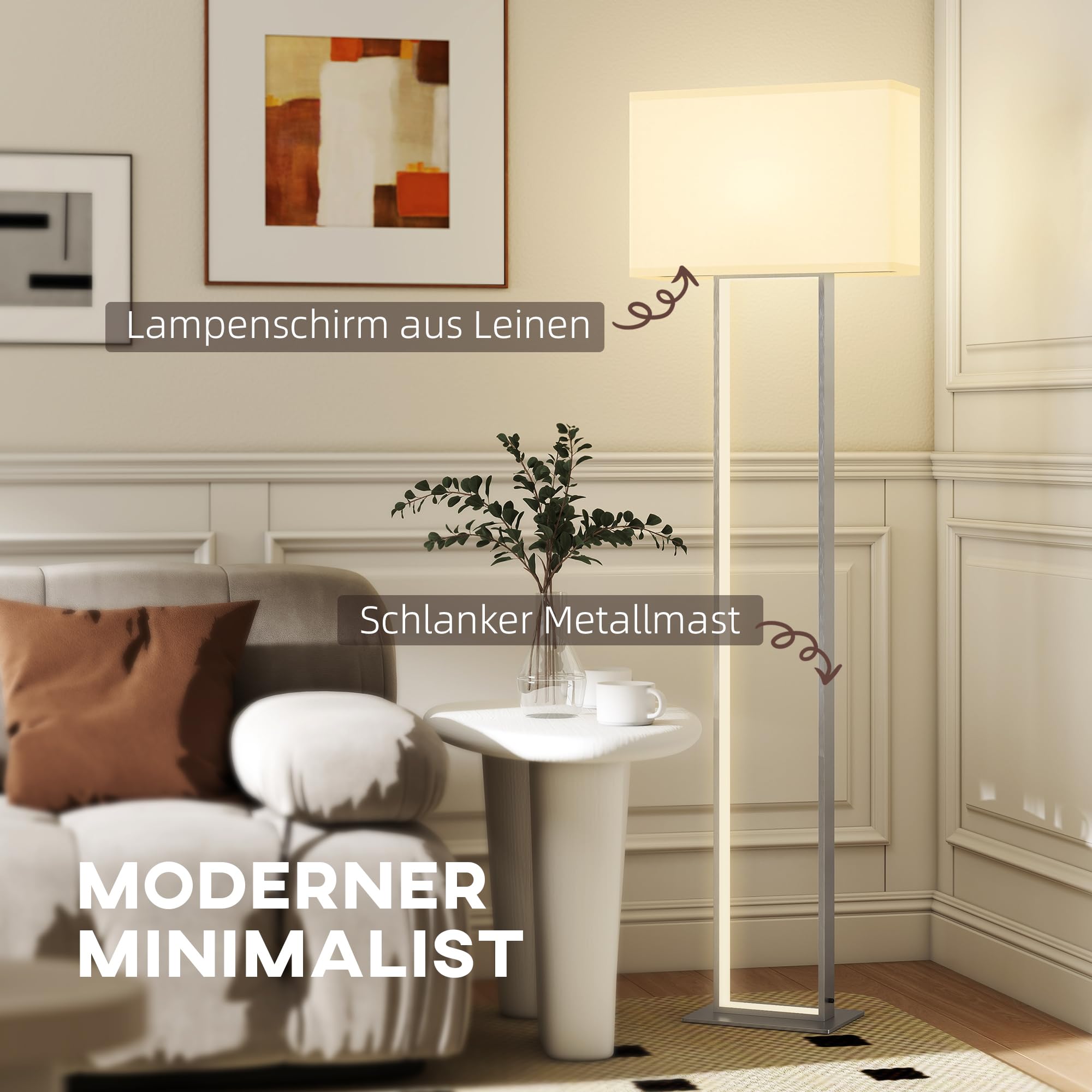 HOMCOM LED Stehlampe Wohnzimmer Stehleuchte mit Leinen-Lampenschirm, minimalistische Standleuchte Nachtleuchte für Schlafzimmer Weiß