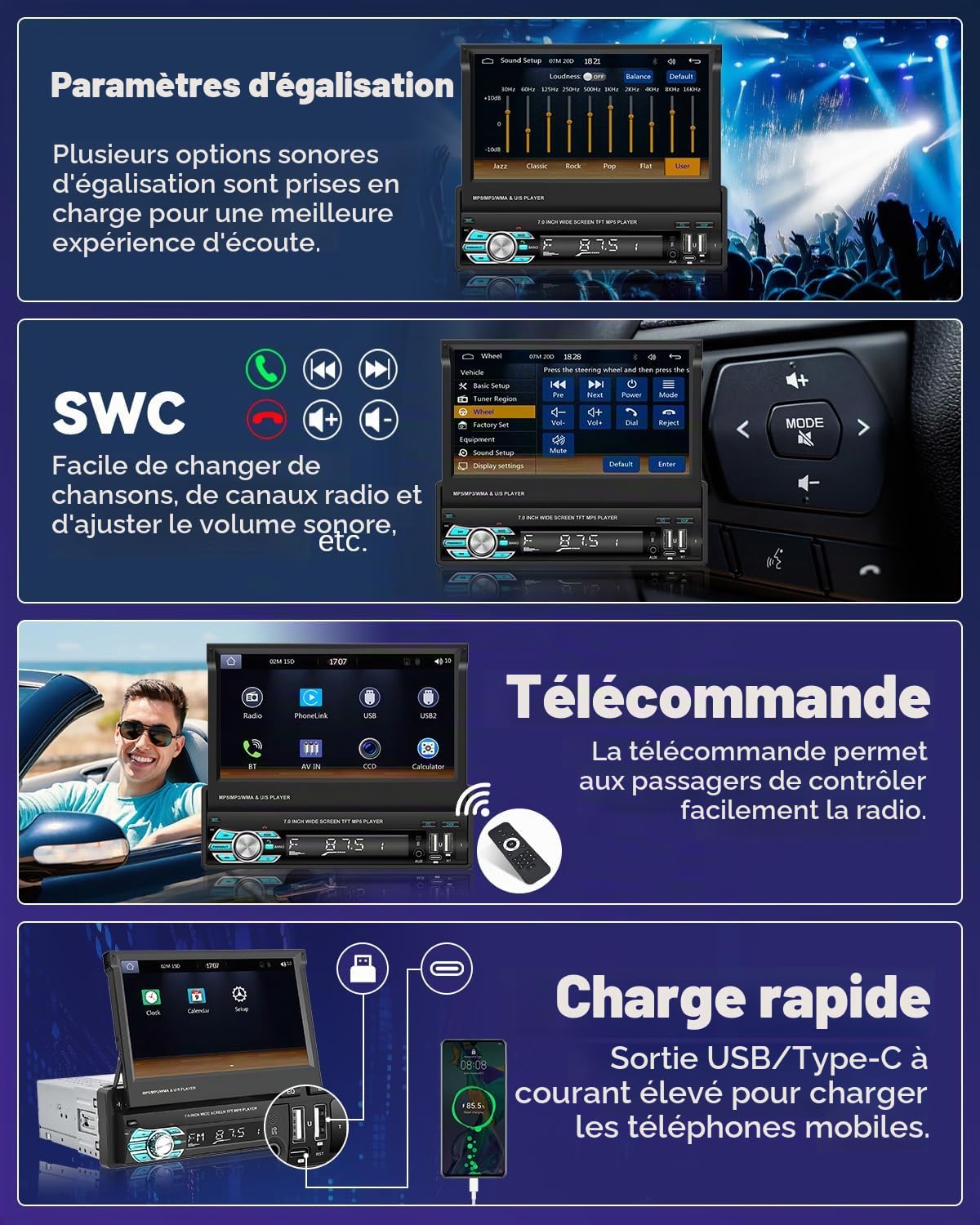Hikity Autoradio 1 Din Carplay Android Auto, 7 Pouces | sans Fil, Écran Tactile Rétractable, Poste Radio Voiture, Bluetooth Port USB Type-C AUX FM RDS, Caméra de Recul