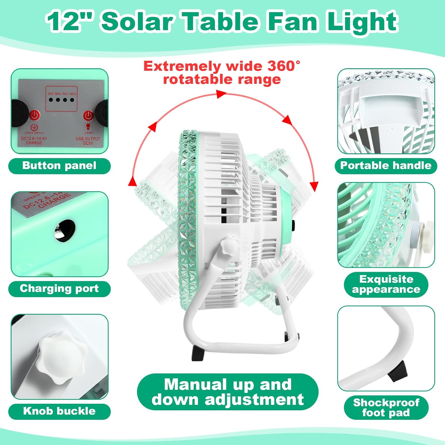 Sumind 12'' 10800mah Battery Operated Solar Fan Light with 12w Solar Panel, Charger, Portable 2-in-1 Rechargeable Table Floor Fan, 3 Color Light, 4 Speeds Battery for Camping Household Garage Outdoor