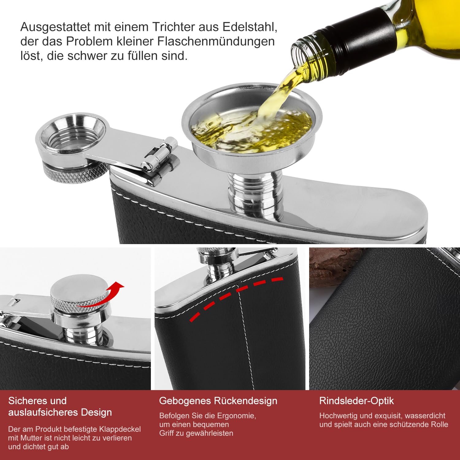 Fiaschetta In Acciaio Inox Da 227ml - Con Imbuto E 4 Tazze, Rivestita In Pelle, Per Escursionismo E Regali - Foto 2