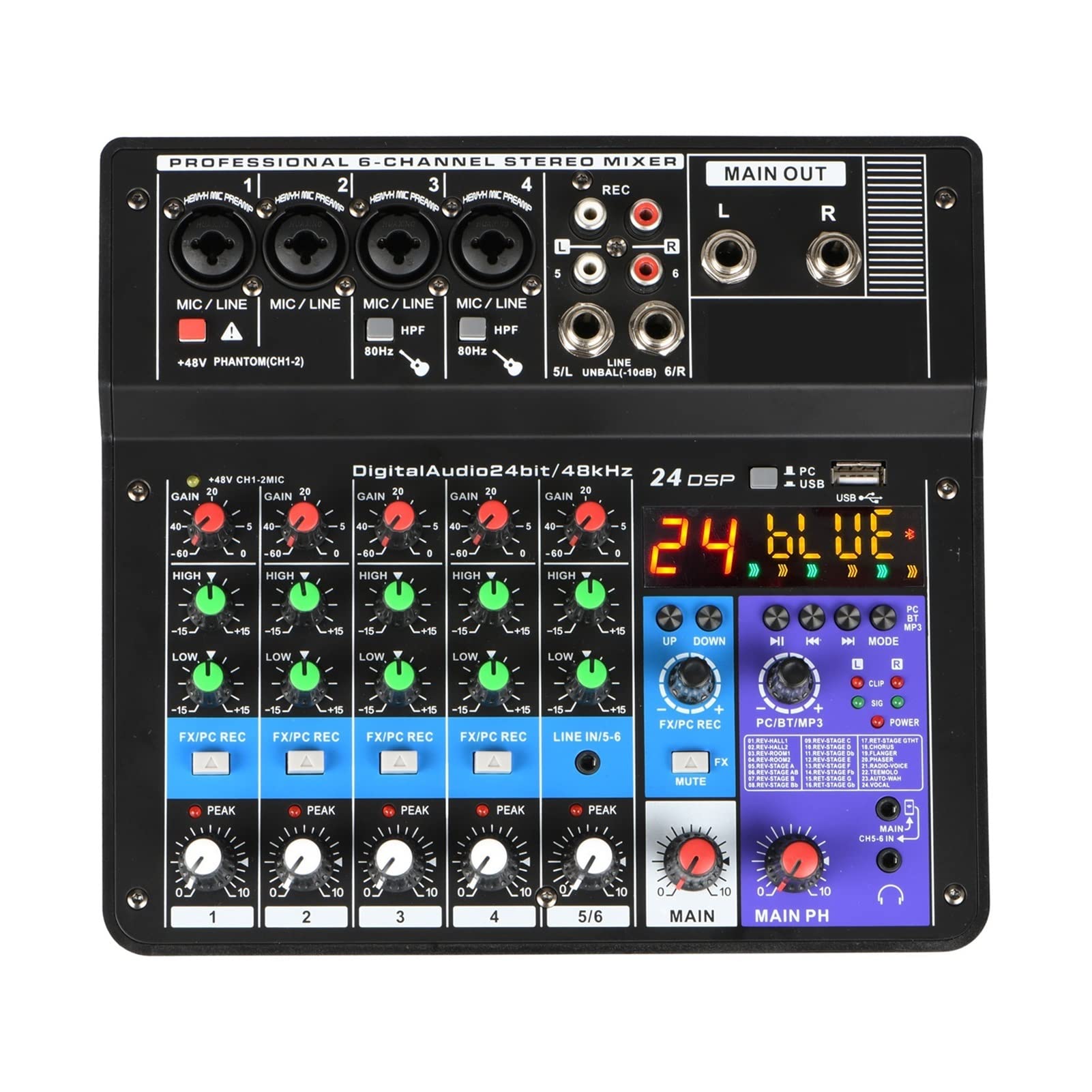 DJ-Equipment für die Party Tragbare Mischkonsole 6 Kanäle Bluetooth Soundcard USB Spielen Sie den Rekord -Computer -Wiedergabel -Mini -Audio Mixer Broadcast Podcast A6 (Color : NA4-E-U)