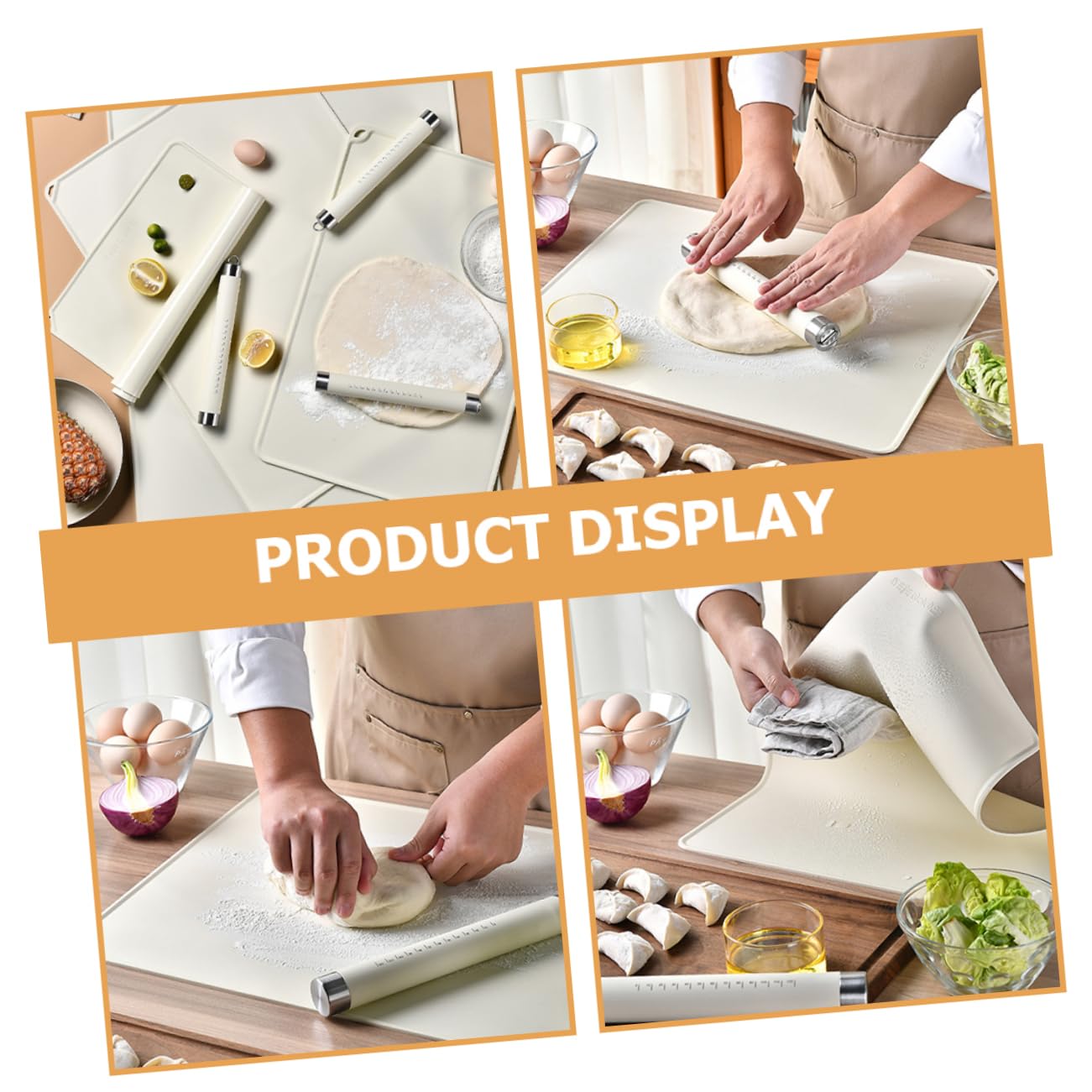 MAGICLULU Rutschfeste Silikon Backmatte mit Edelstahl Teigroller Beige Leicht zu Reinigen für Brot und Kuchen
