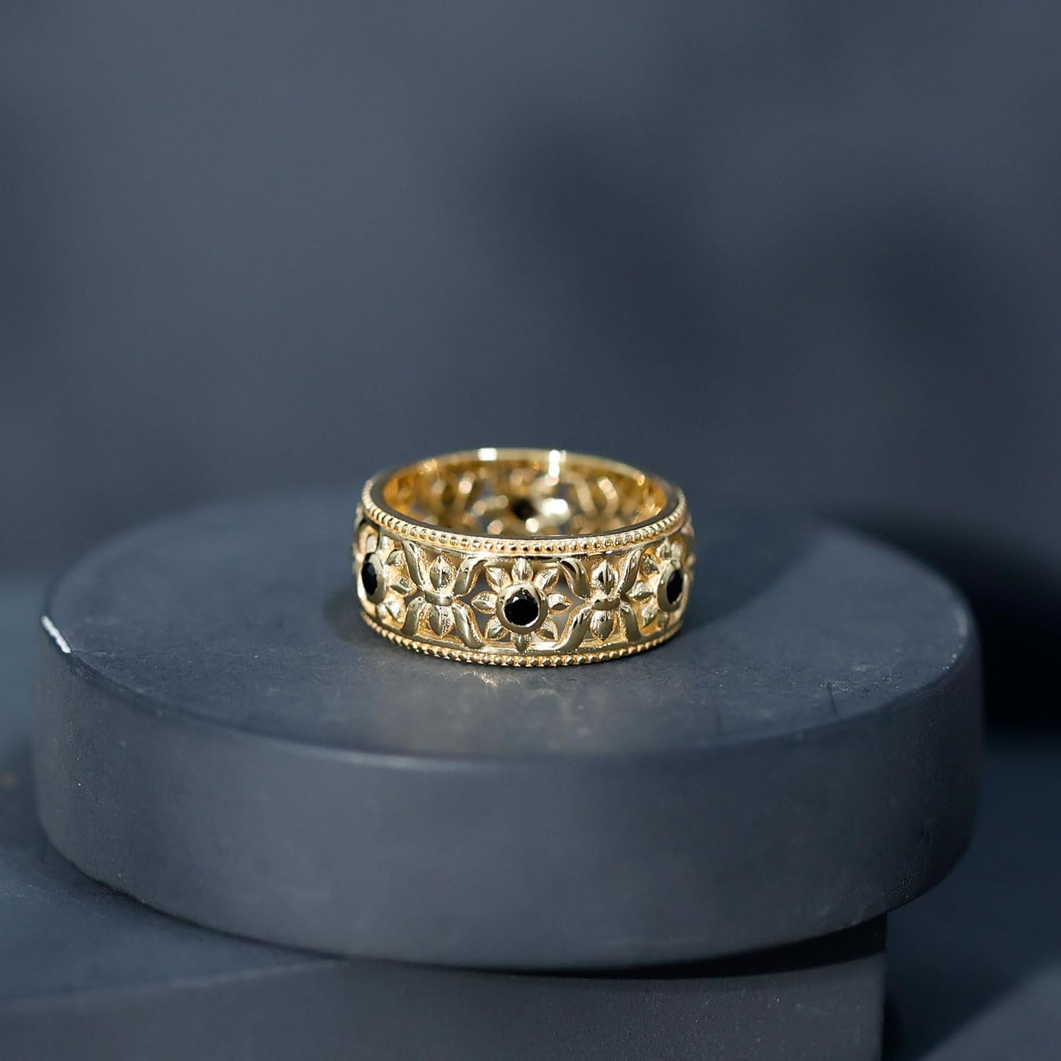 Natural Black Spinel Flower Wedding Band, Aaa Quality, Bezel Set Black Spinel Eternity Ring (Ideal For Gift)