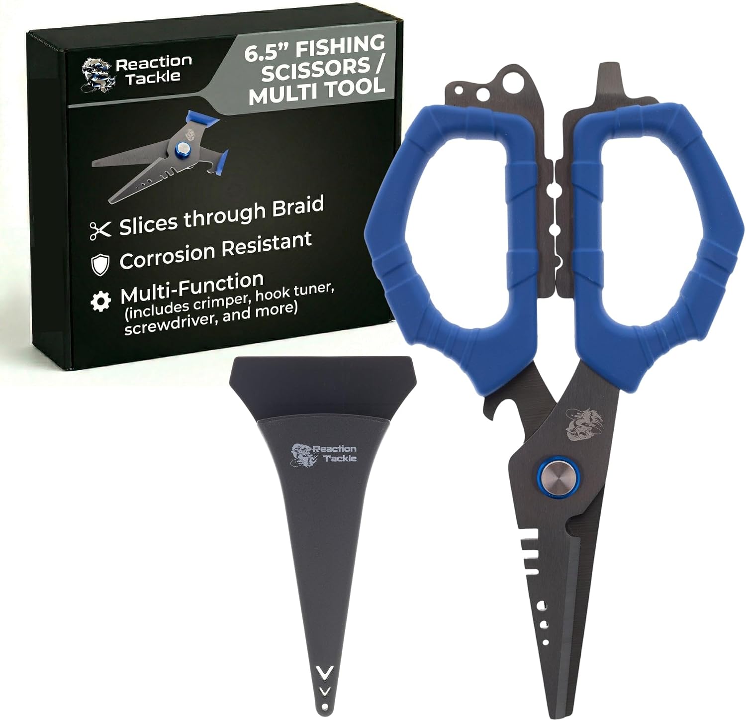Reaction Tackle Fishing Line Scissors, 6.5 Inch Heavy Duty Braid Shears with Serrated Stainless Steel Blades, Multi-Tool with Sheath, Cuts Braid, Mono, Fluoro and Wire