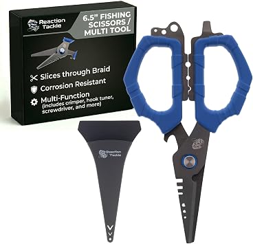 Reaction Tackle Fishing Line Scissors 6.5 Heavy Duty Braid Shears with Serrated Stainless Steel Blades, Multi-Tool Fishing Scissors with Sheath, Braided Line Cutters, Mono, Fluoro & Wire