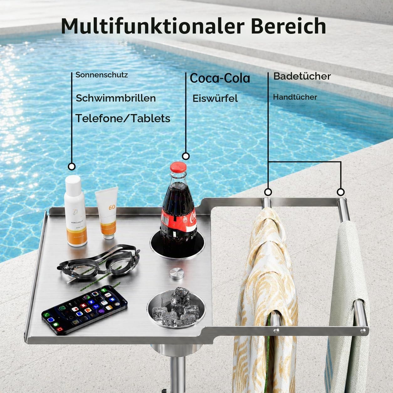 KES Handtuchhalter Outdoor für Whirlpool, Höhenverstellbar Handtuchständer Edelstahl mit 2 Getränkehaltern 360° Drehbar Pool Handtuchhalter Stehend Marmor, Passend für Spa/Pool Gebürstet, OTR201-2